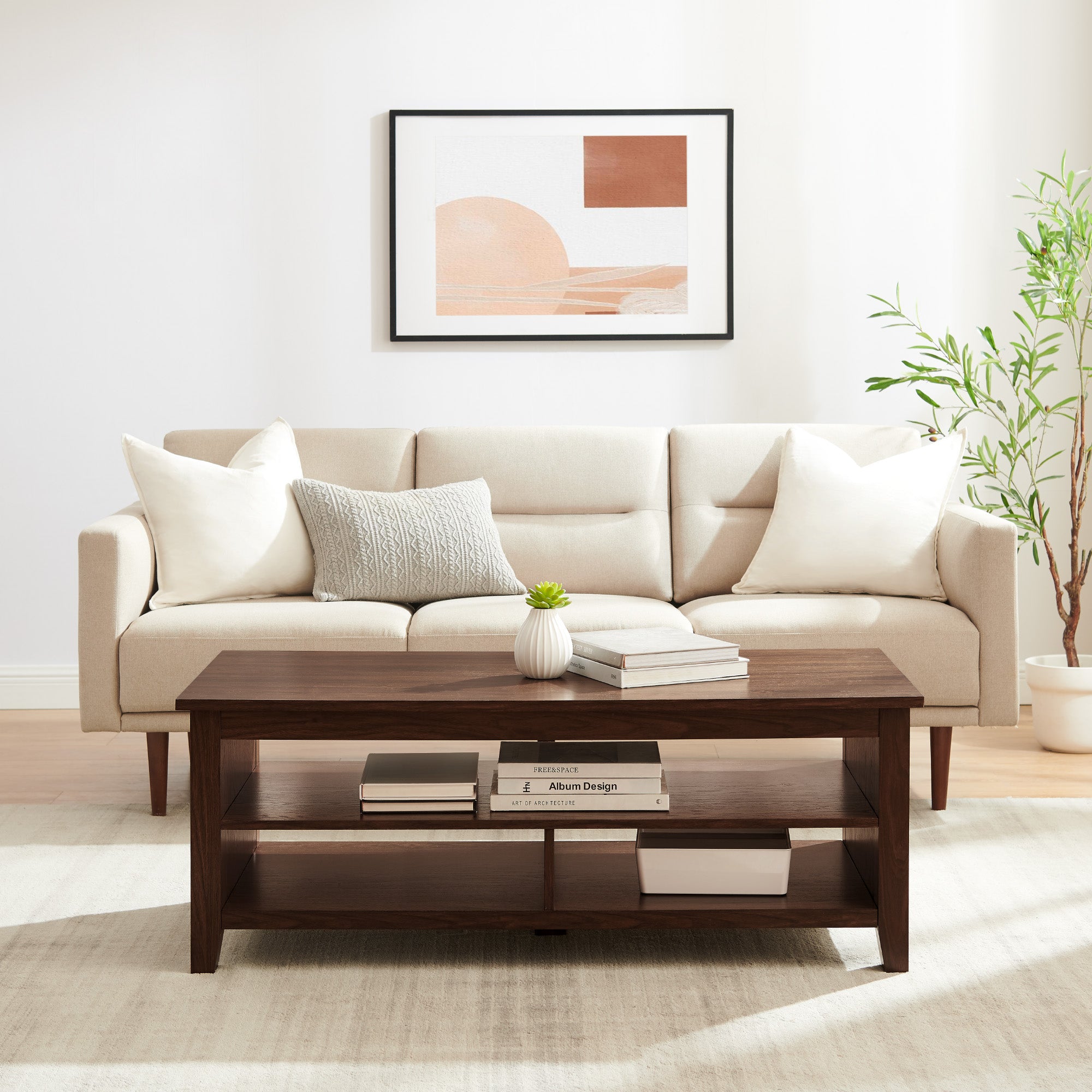 Grooved Table Groove Coastal Grooved Panel Coffee Table with Lower Shelf - Walker Edison