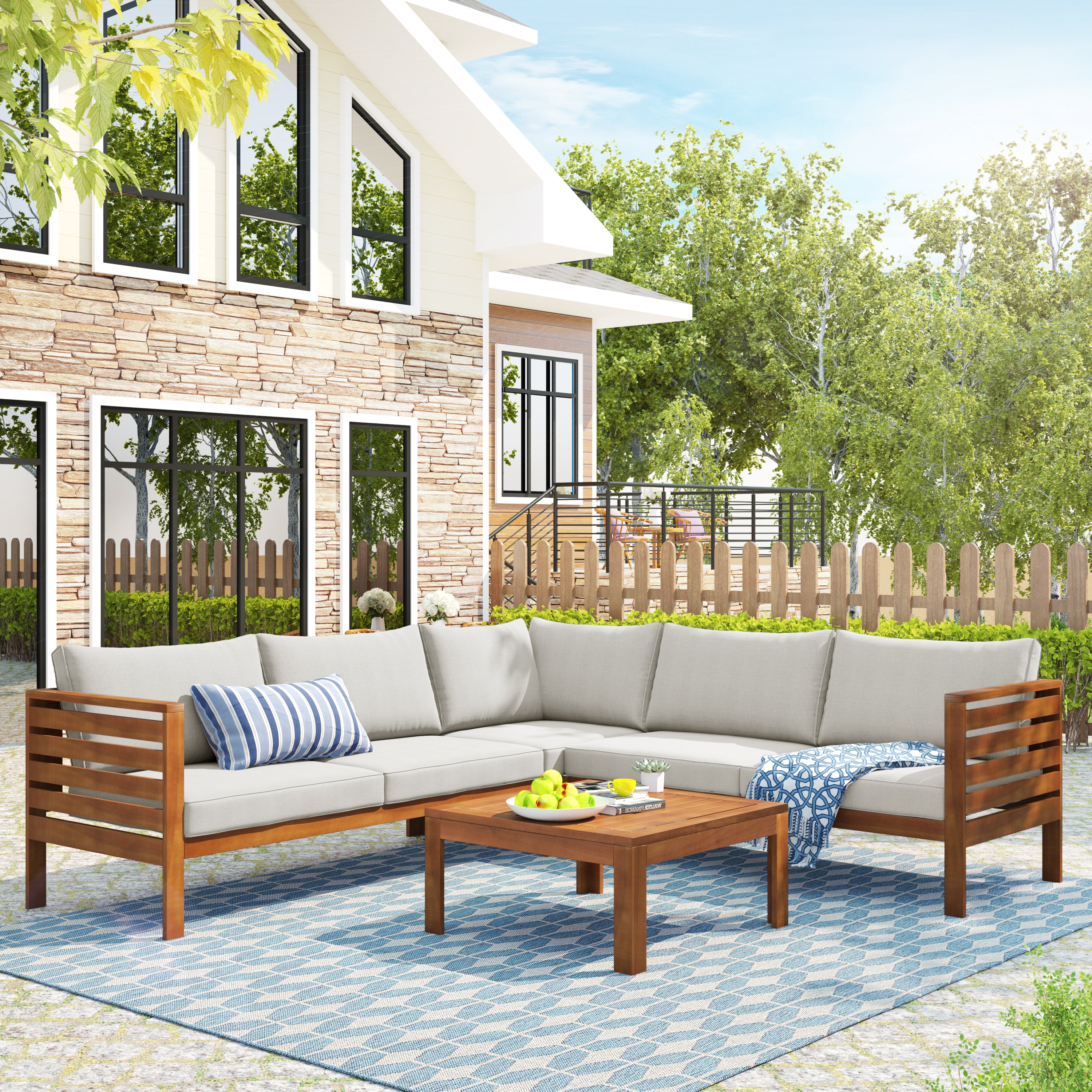 Walker Edison | Sleek Wood Structure Outdoor Sofa Set with Cushions