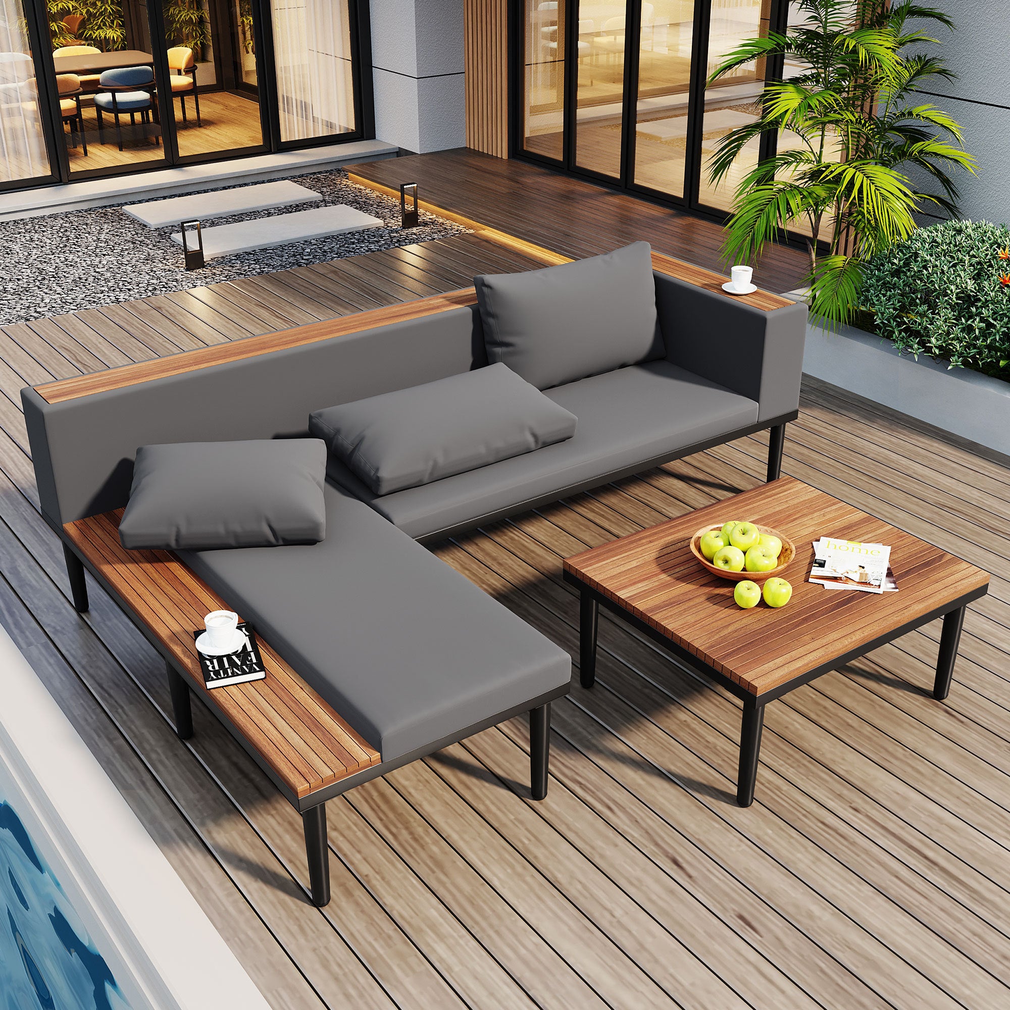 Walker Edison | Acacia Wood Outdoor Patio Sofa Set with Side Table