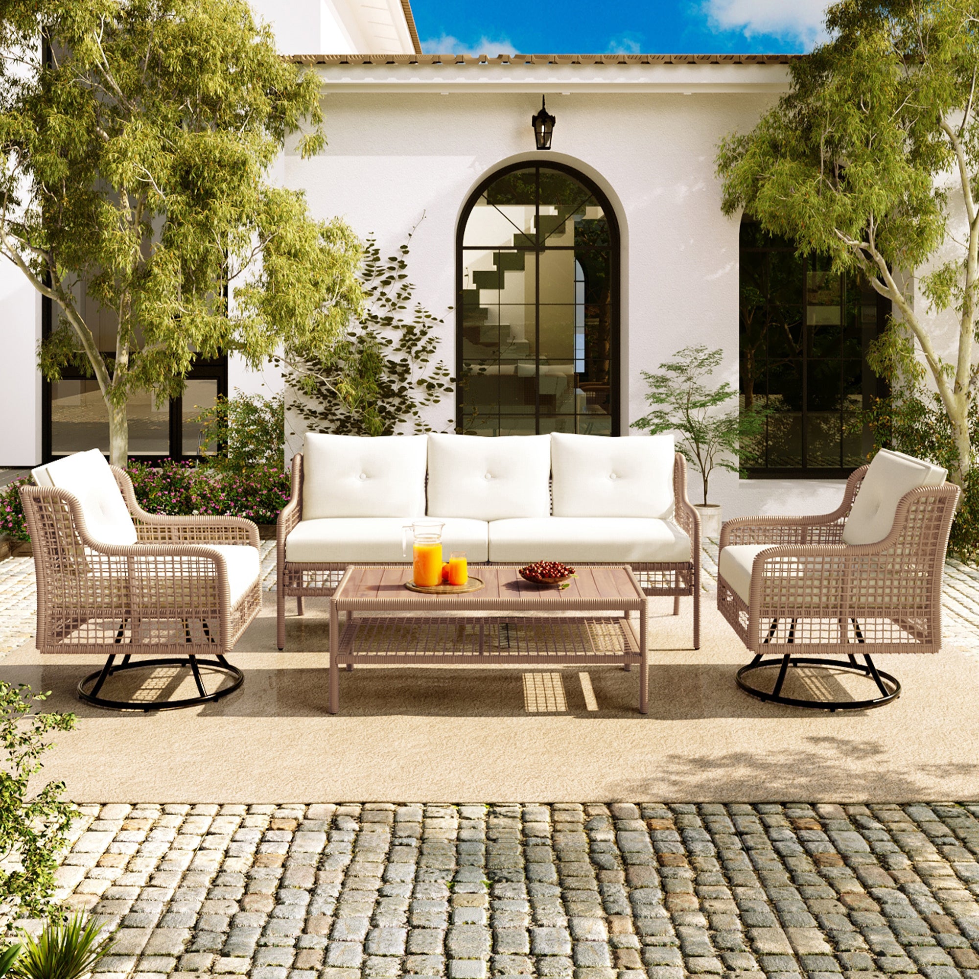 Walker Edison | 4 Piece Outdoor Patio Furniture Set with Swivel Chairs and Table