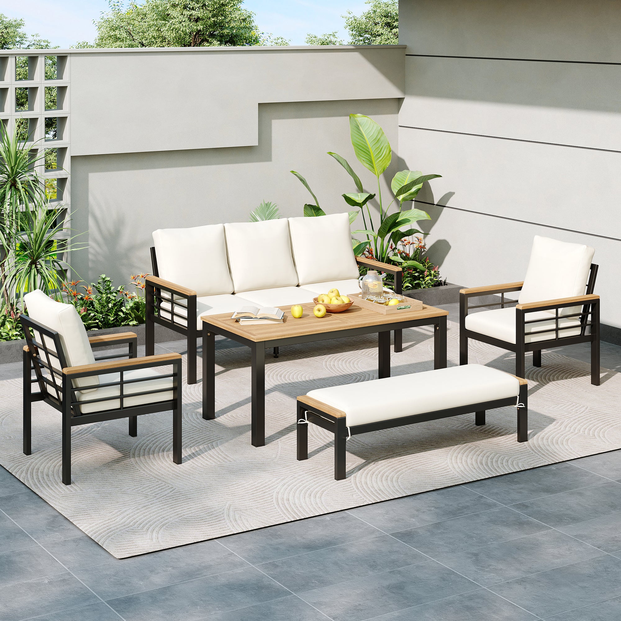 Walker Edison | 5 Pieces Outdoor Patio Conversation Chat Set with Coffee Table and Bench
