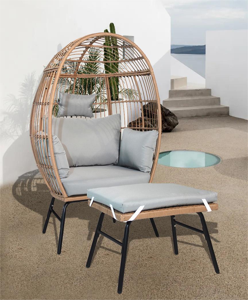 Walker Edison | Outdoor Garden Wicker Egg Chair And Footstool Set