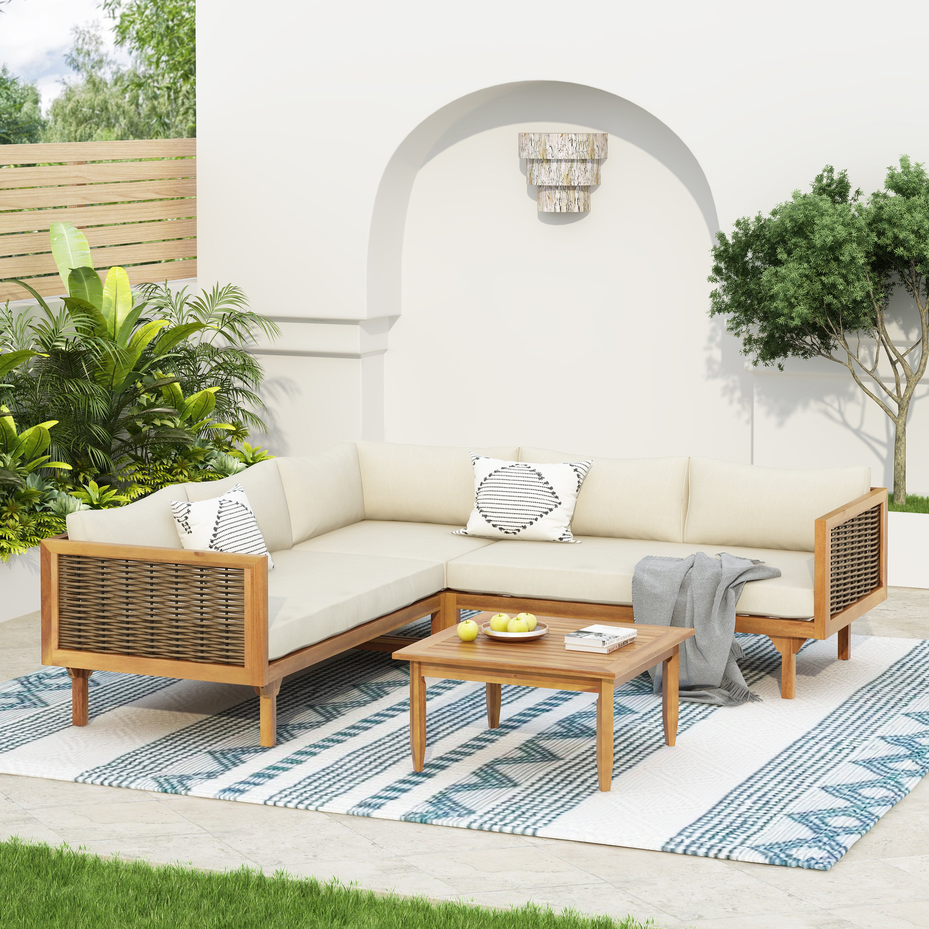 Walker Edison | Acacia Wood Sectional Sofa with Coffee Table
