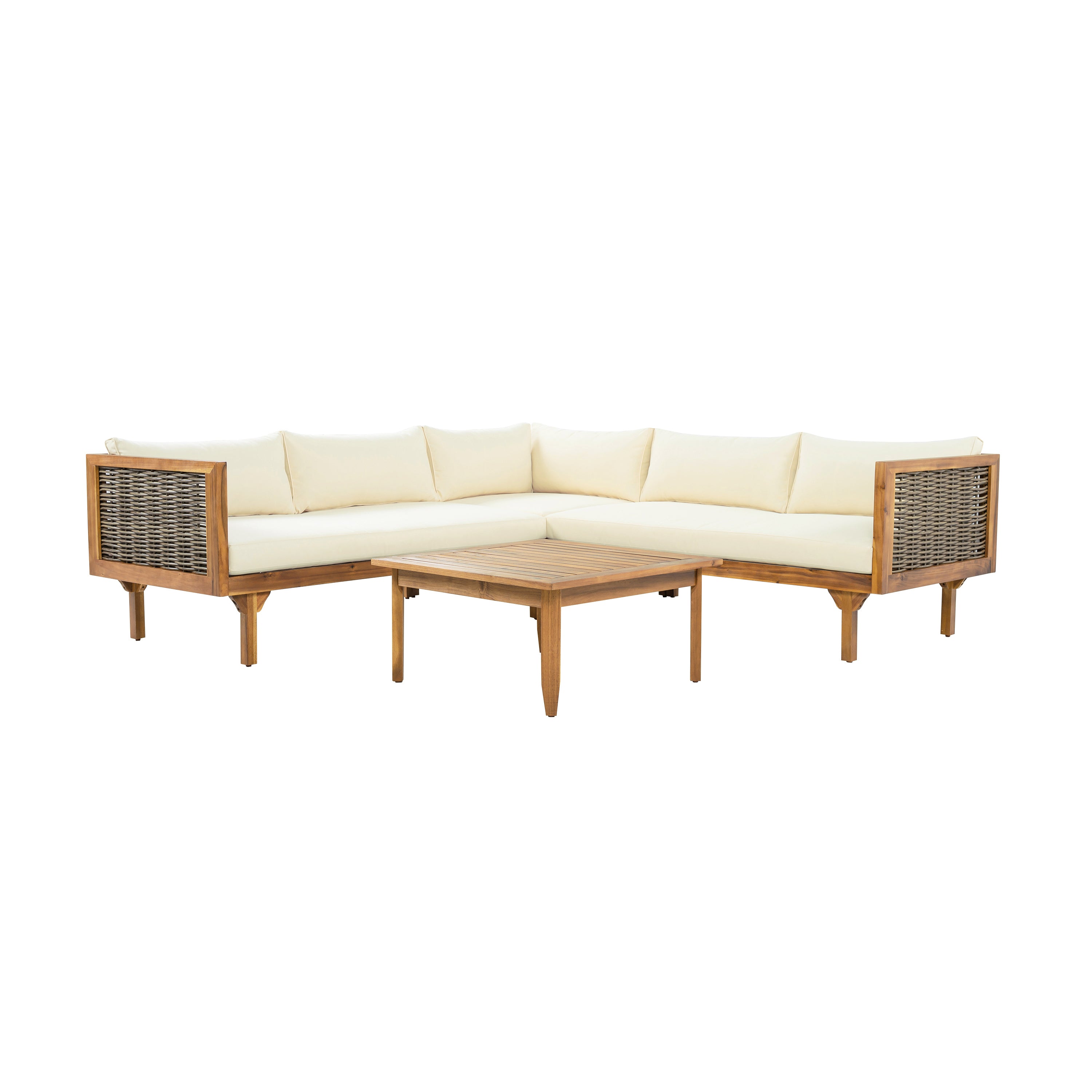 Walker Edison | Acacia Wood Sectional Sofa with Coffee Table