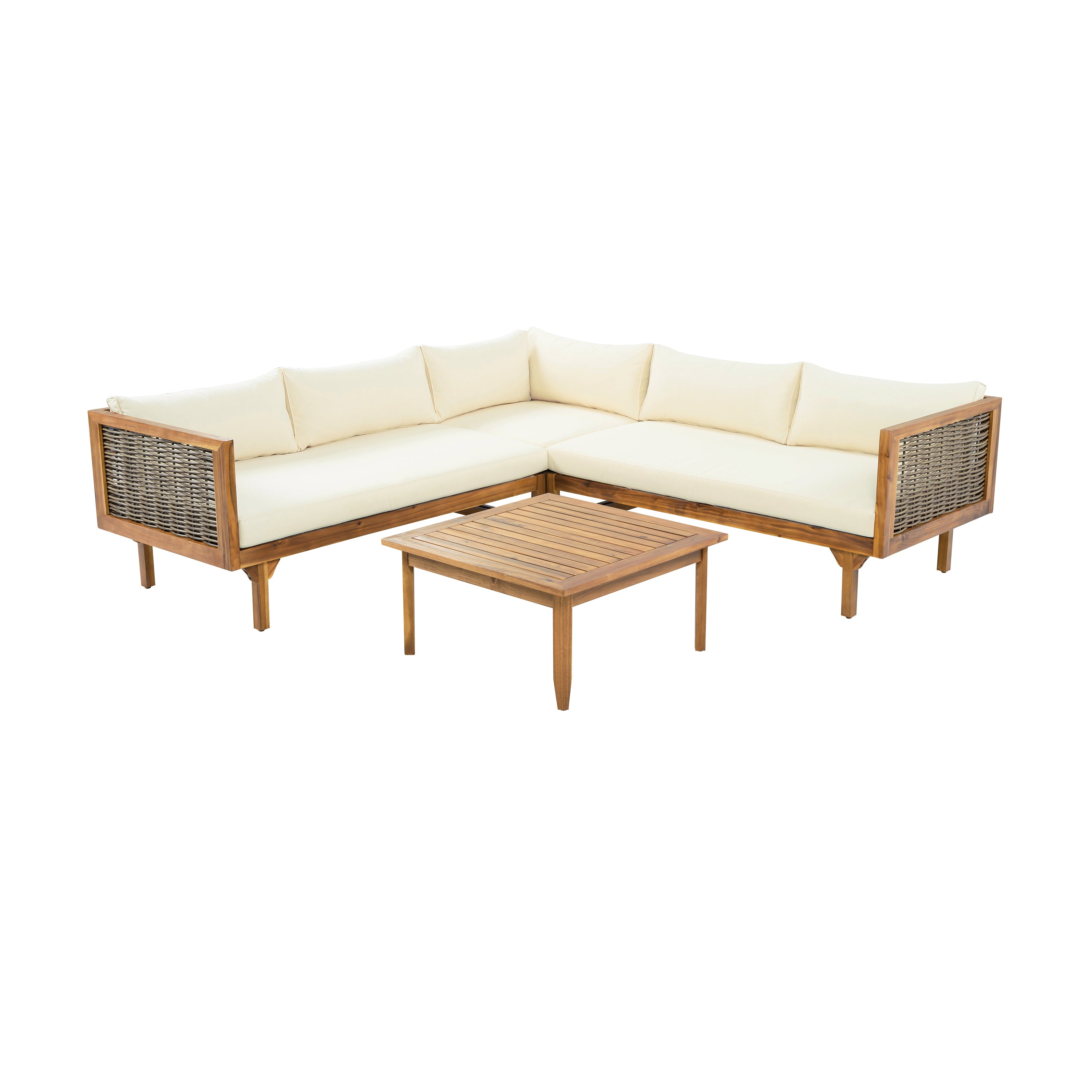 Walker Edison | Acacia Wood Sectional Sofa with Coffee Table