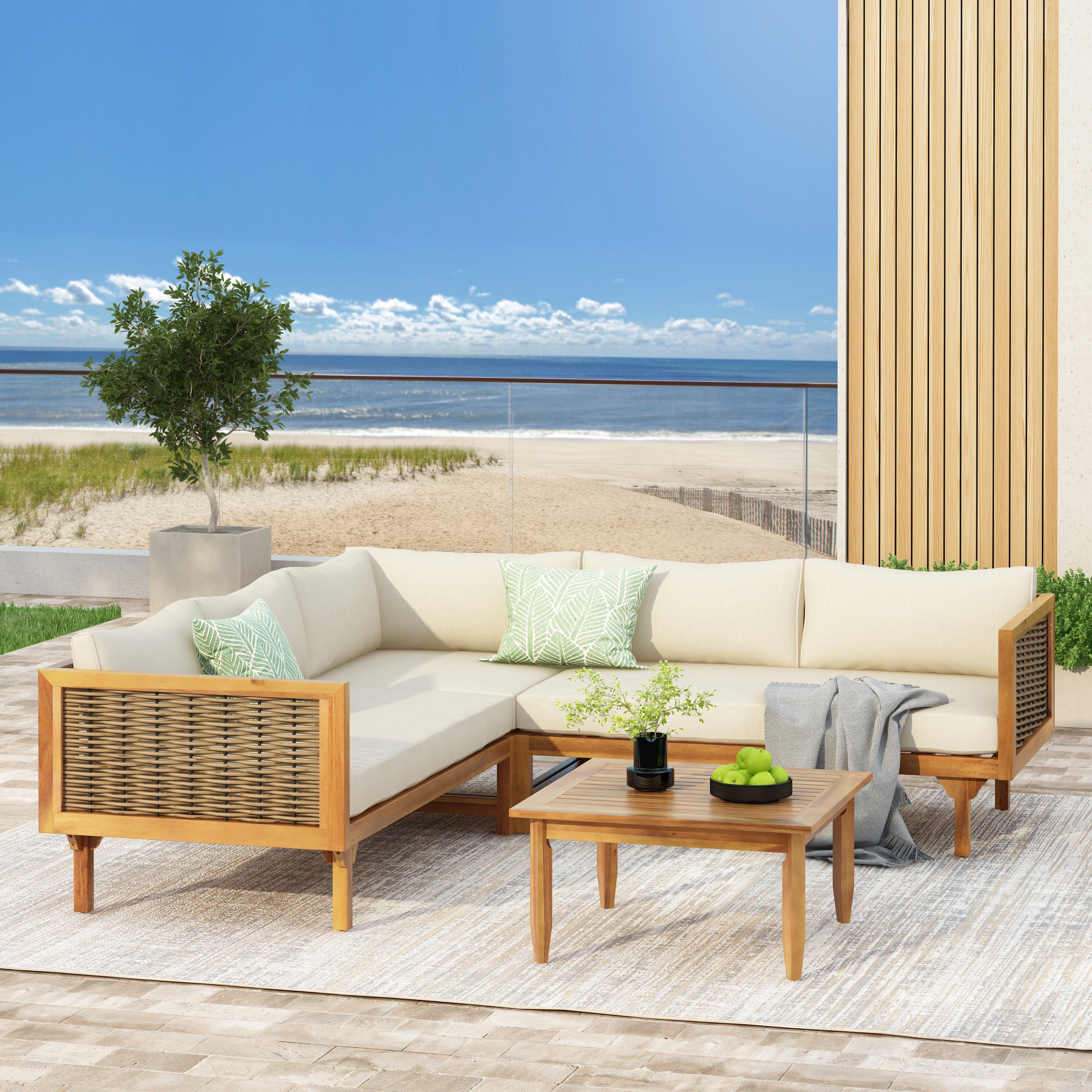 Walker Edison | Acacia Wood Sectional Sofa with Coffee Table
