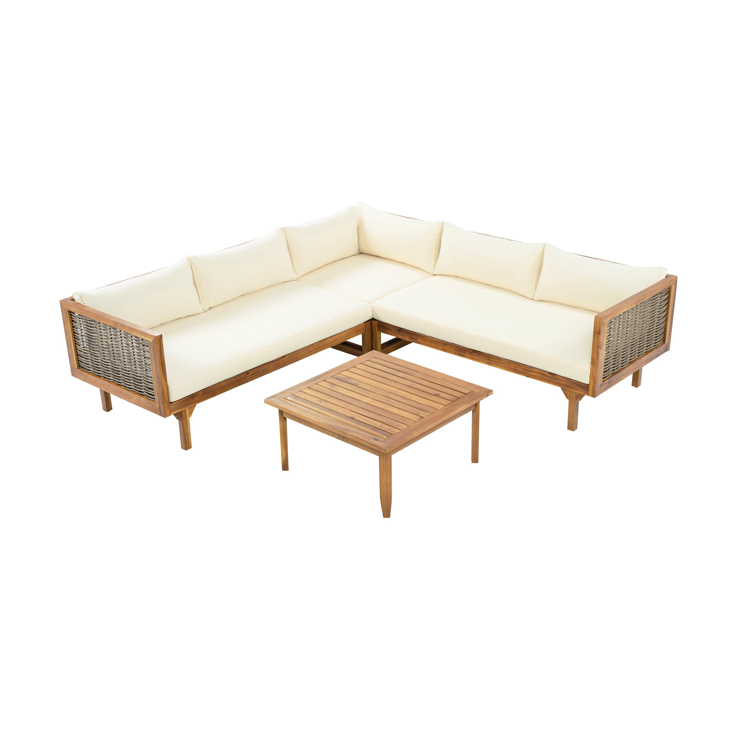 Walker Edison | Acacia Wood Sectional Sofa with Coffee Table