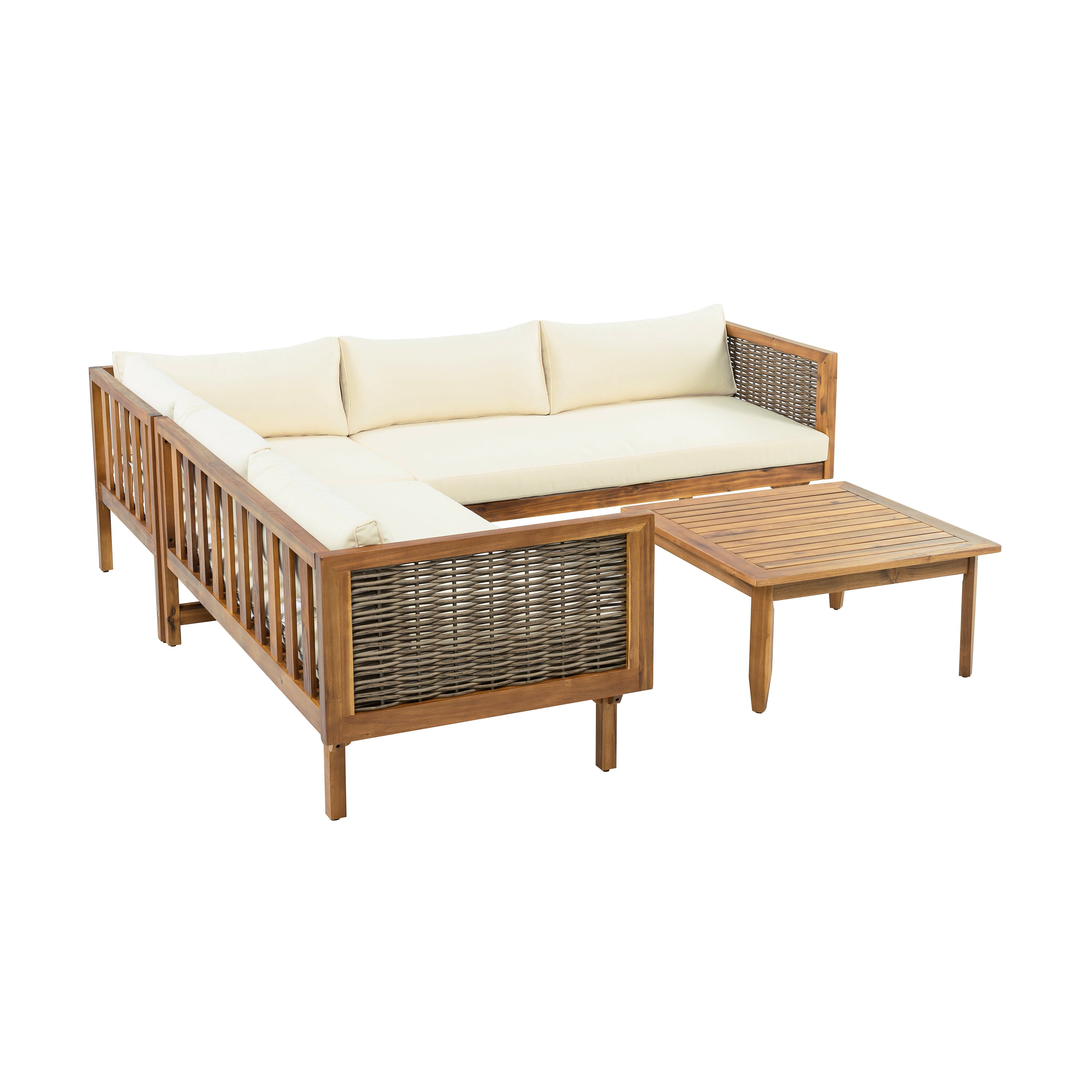 Walker Edison | Acacia Wood Sectional Sofa with Coffee Table