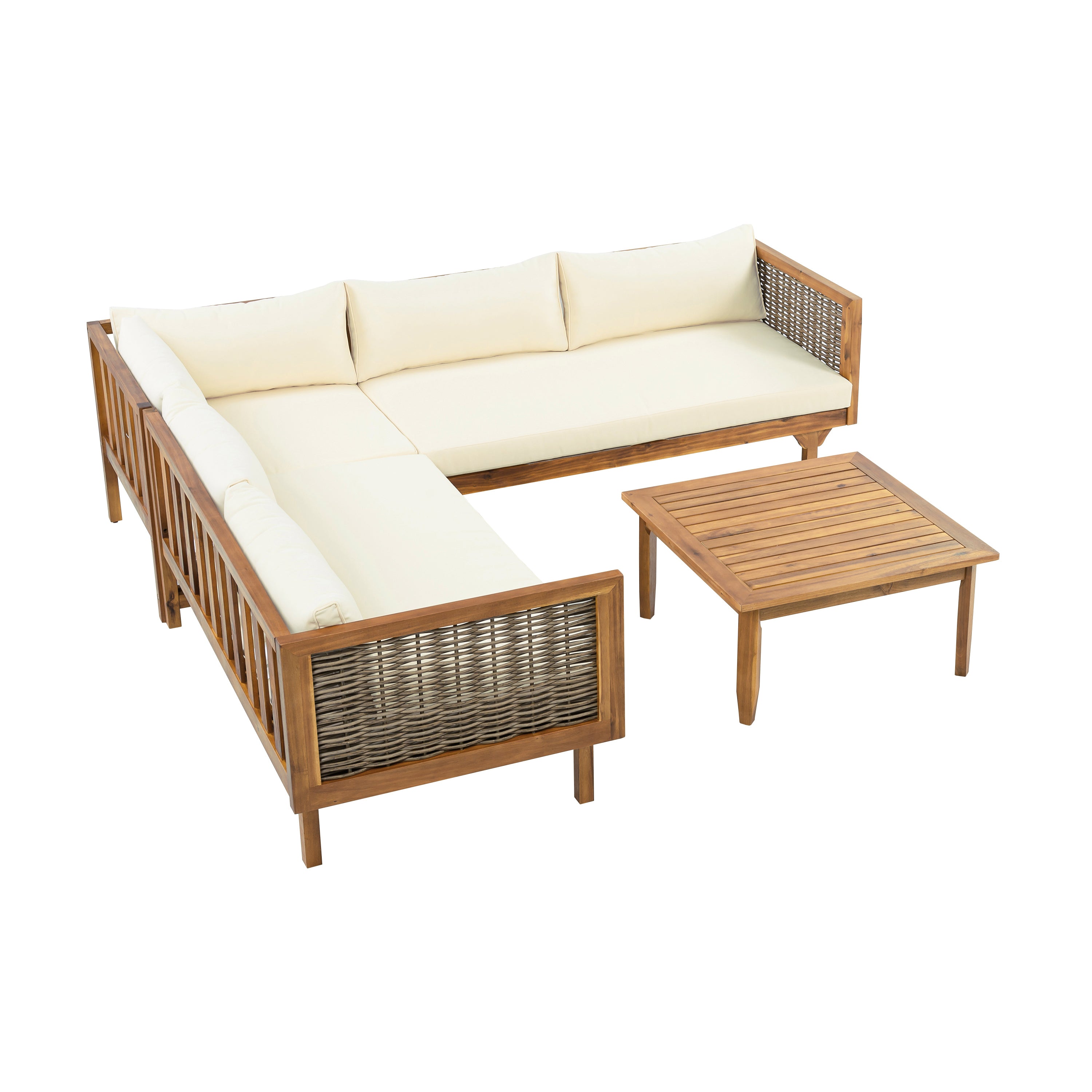 Walker Edison | Acacia Wood Sectional Sofa with Coffee Table