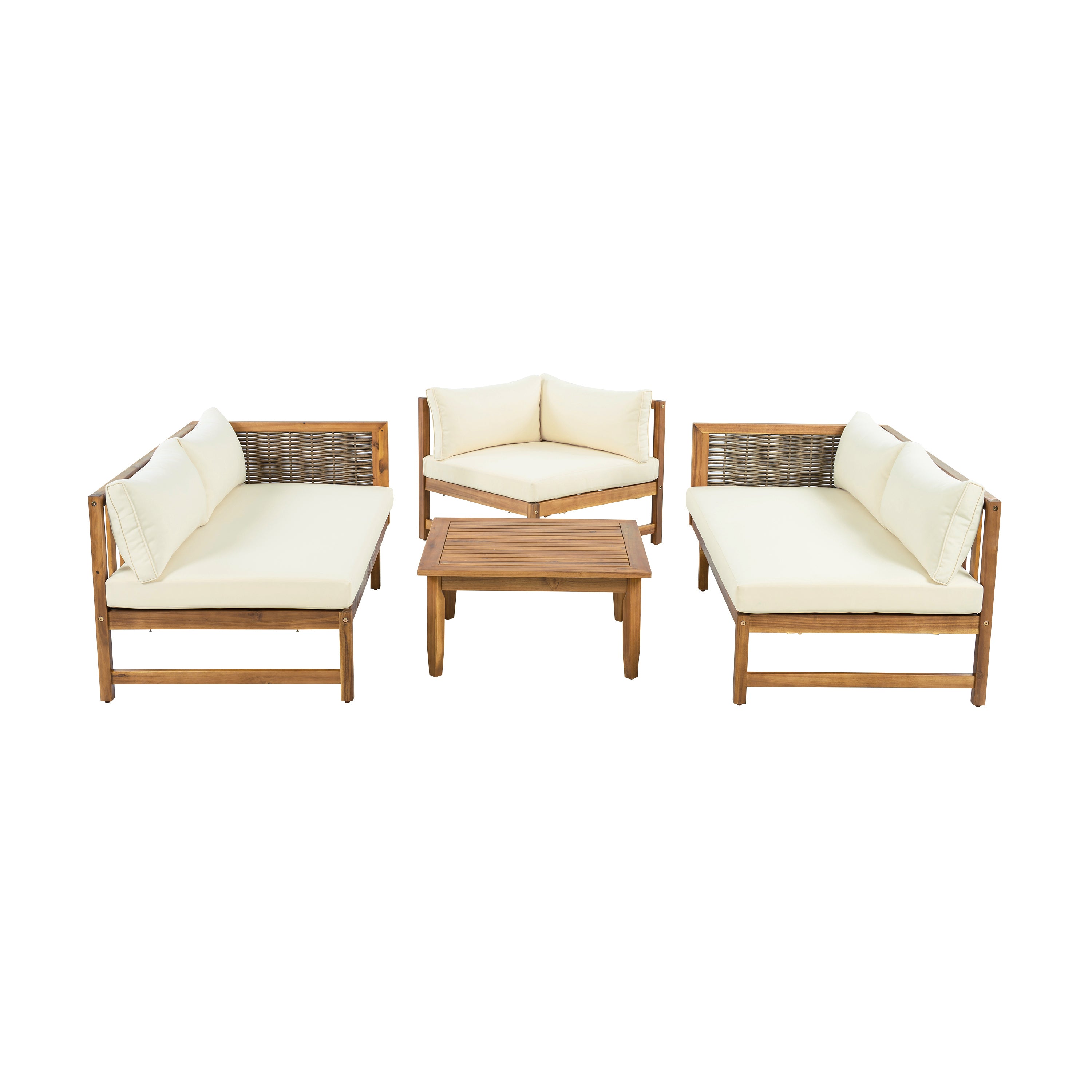 Walker Edison | Acacia Wood Sectional Sofa with Coffee Table