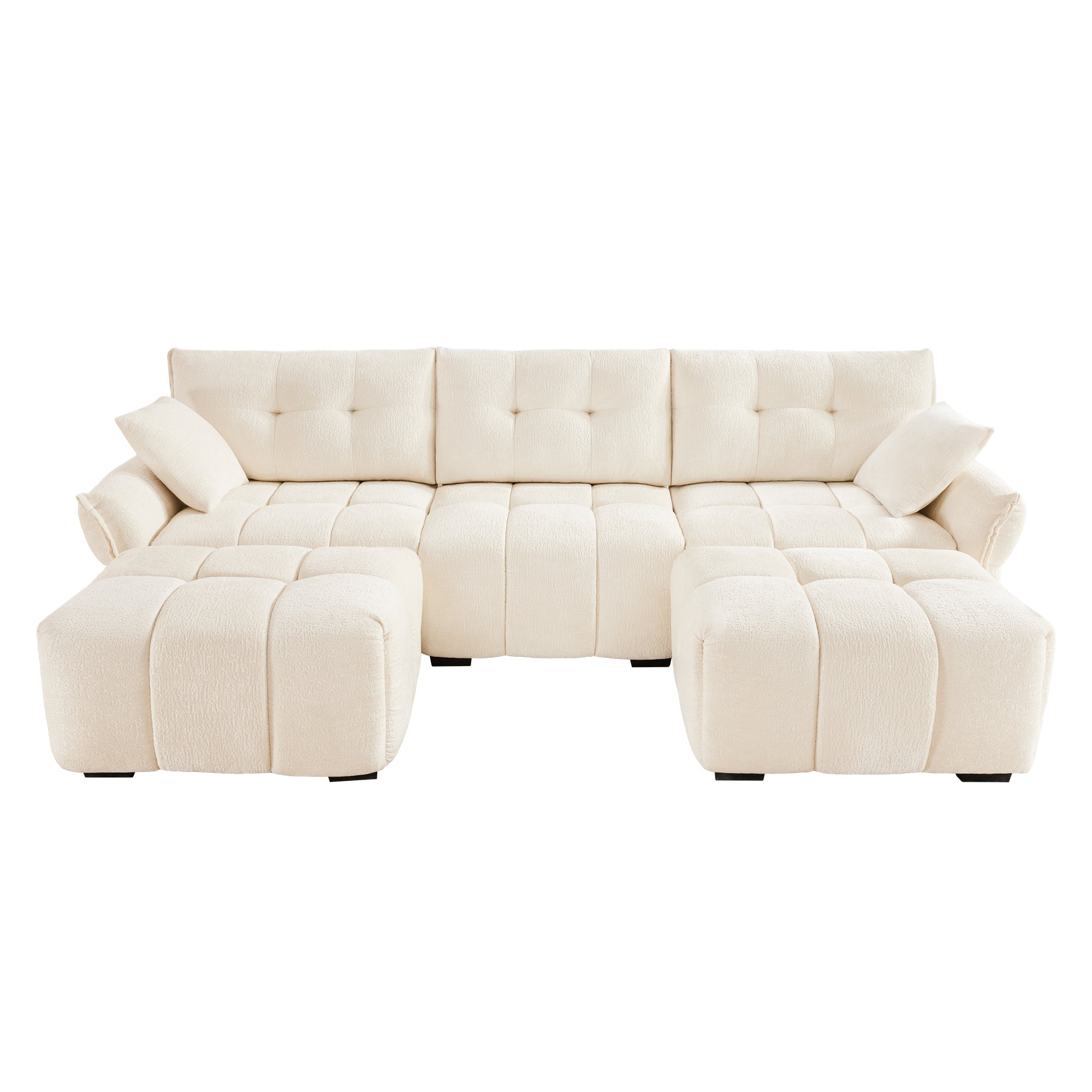 Walker Edison | Chenille Tufted 3 Seater Sofa Set With Ottoman And Throw Pillows