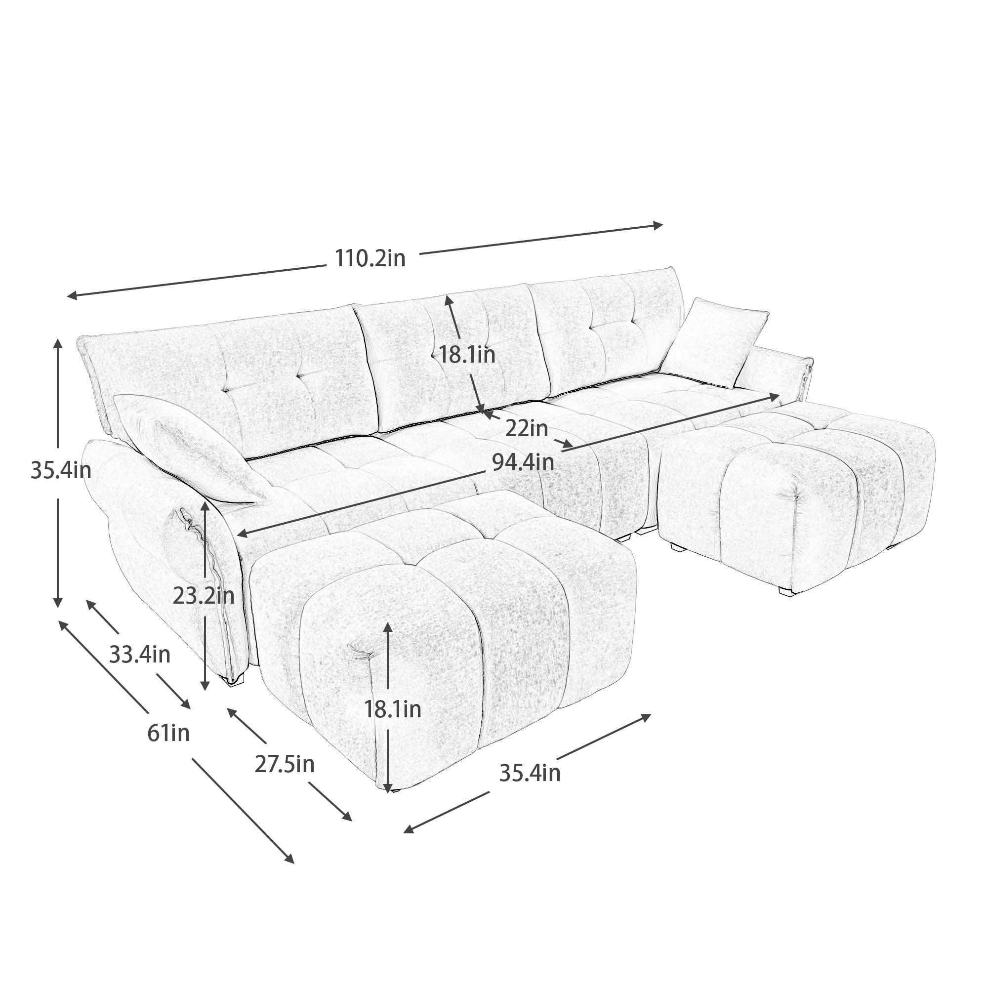 Walker Edison | Chenille Tufted 3 Seater Sofa Set With Ottoman And Throw Pillows