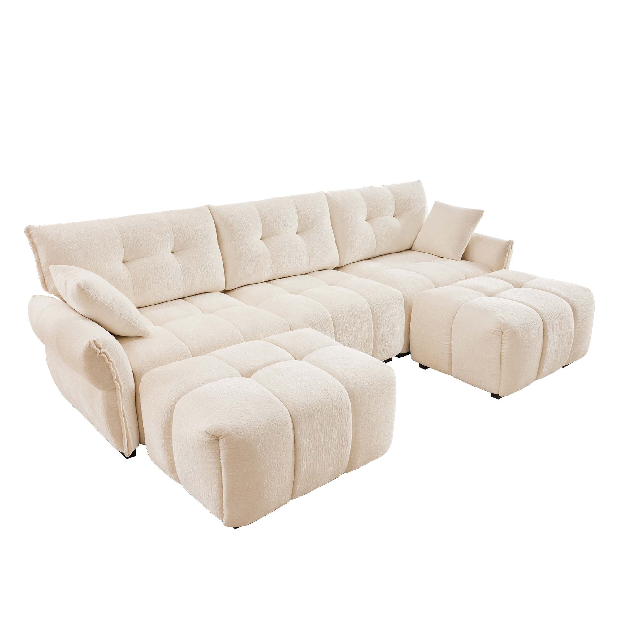Walker Edison | Chenille Tufted 3 Seater Sofa Set With Ottoman And Throw Pillows