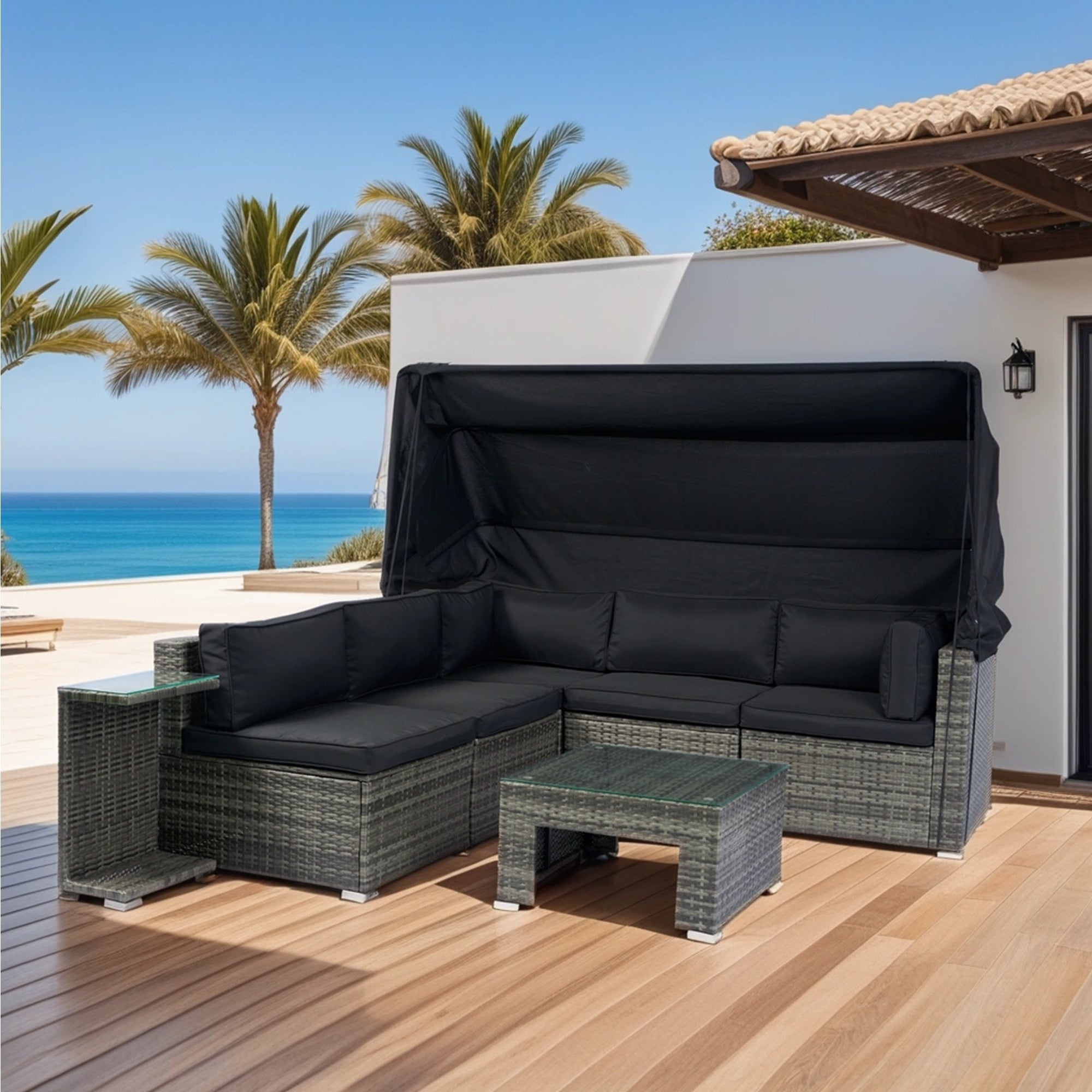 Walker Edison | 7-Piece Outdoor Patio Canopy Wicker Rattan Sectional Sofa Set