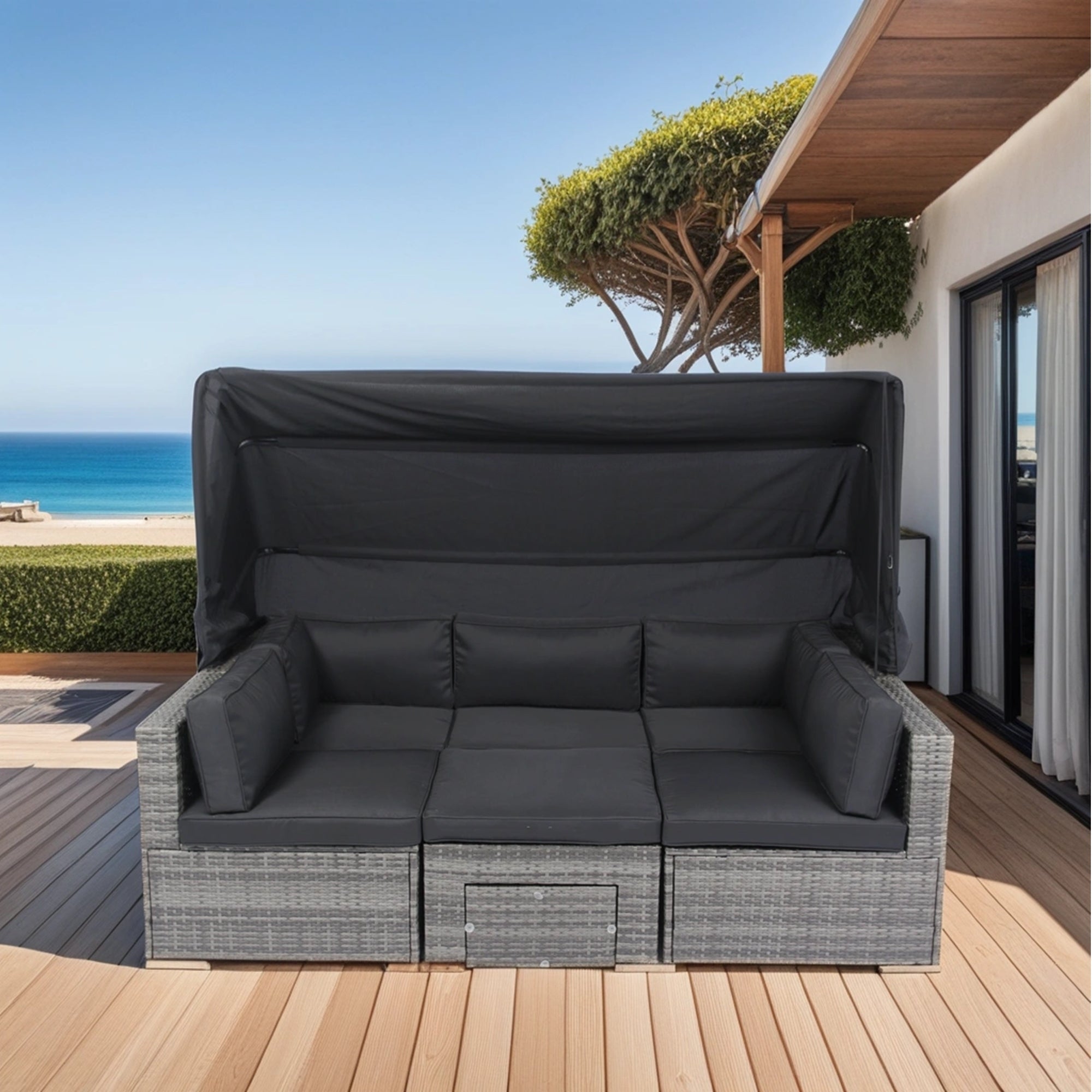 Walker Edison | 7-Piece Outdoor Patio Canopy Wicker Rattan Sectional Sofa Set