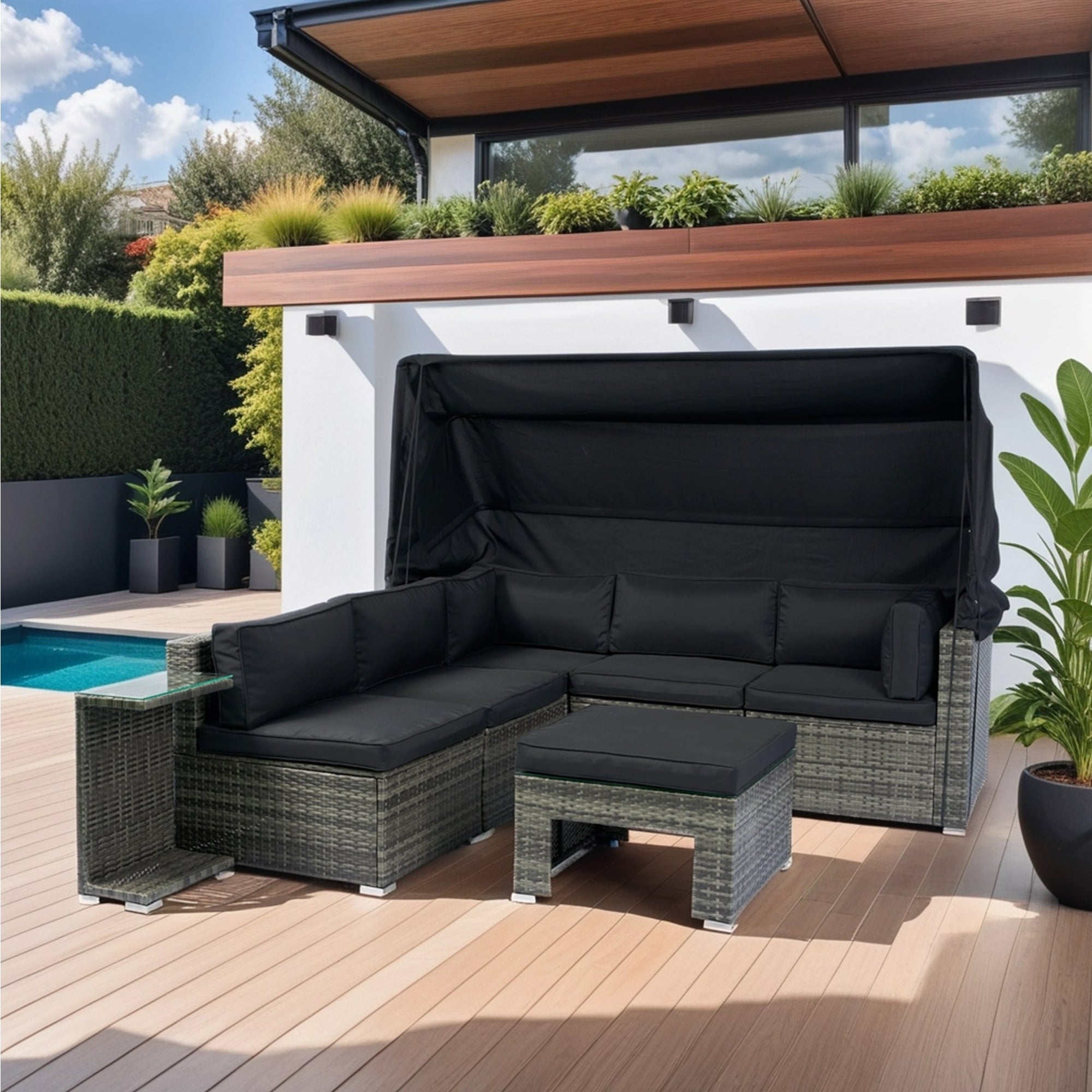 Walker Edison | 7-Piece Outdoor Patio Canopy Wicker Rattan Sectional Sofa Set