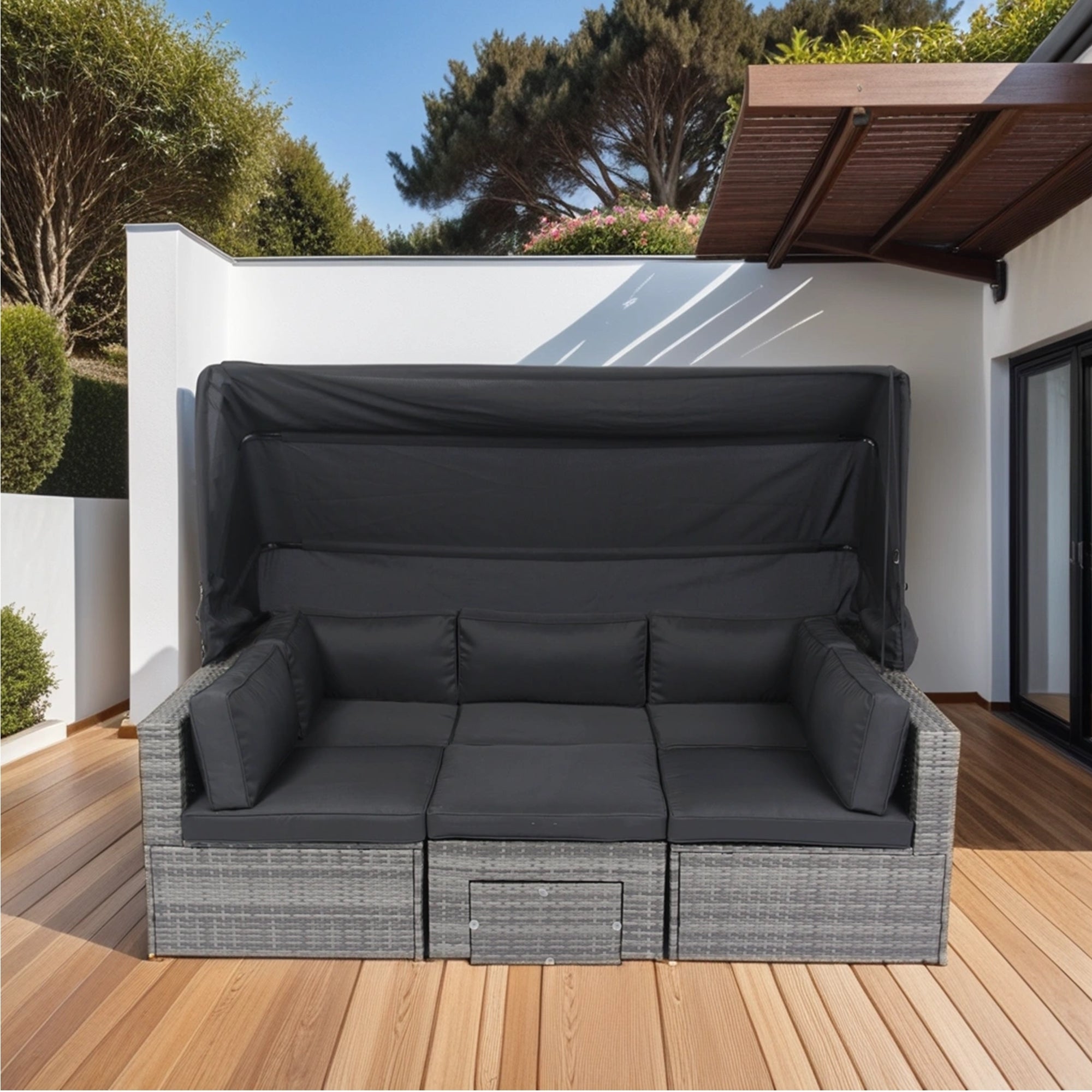 Walker Edison | 7-Piece Outdoor Patio Canopy Wicker Rattan Sectional Sofa Set