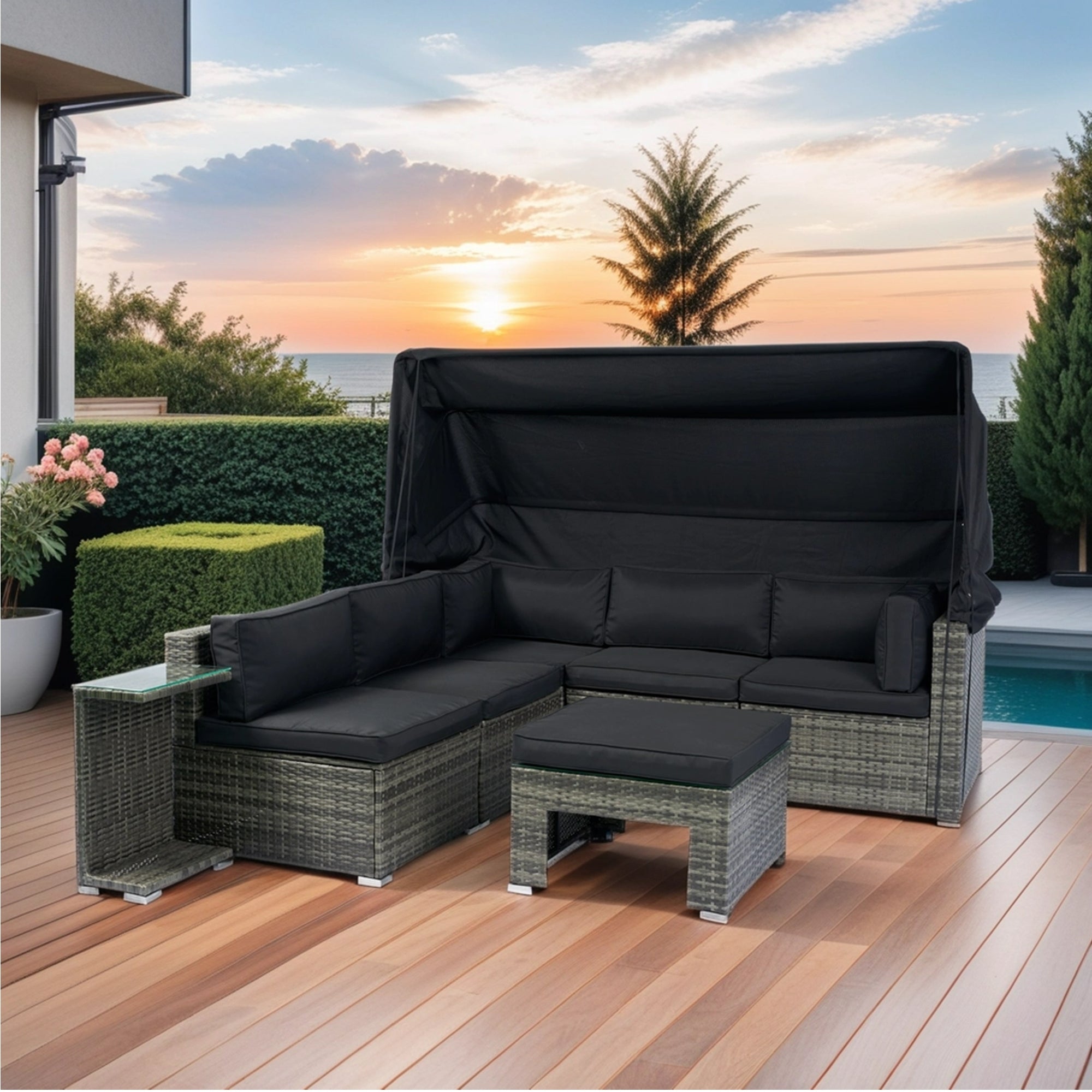 Walker Edison | 7-Piece Outdoor Patio Canopy Wicker Rattan Sectional Sofa Set