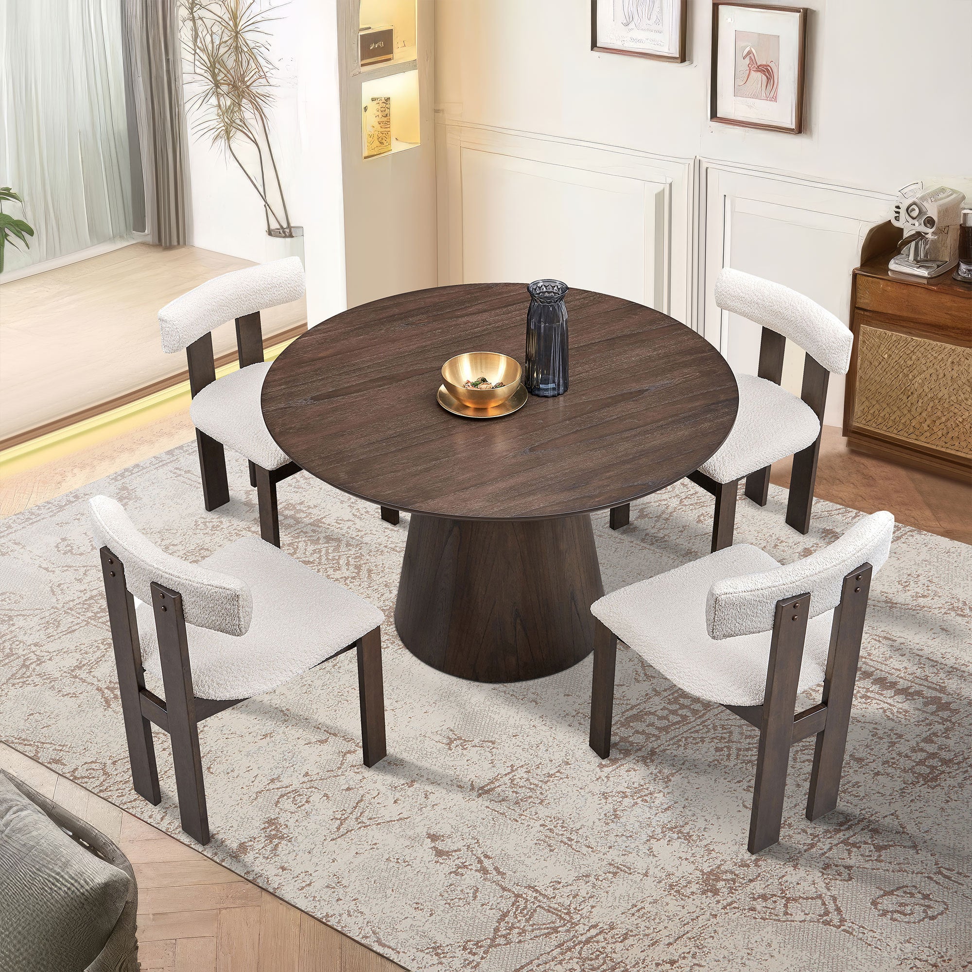Walker Edison | Modern Boucle & Wooden Dining Table Set