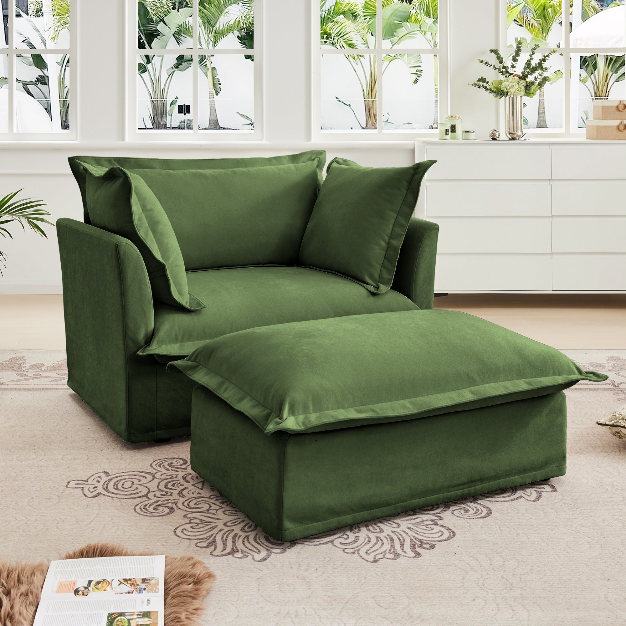 Walker Edison | Cloud Deep Seat Slipcovered Armchair with Ottoman