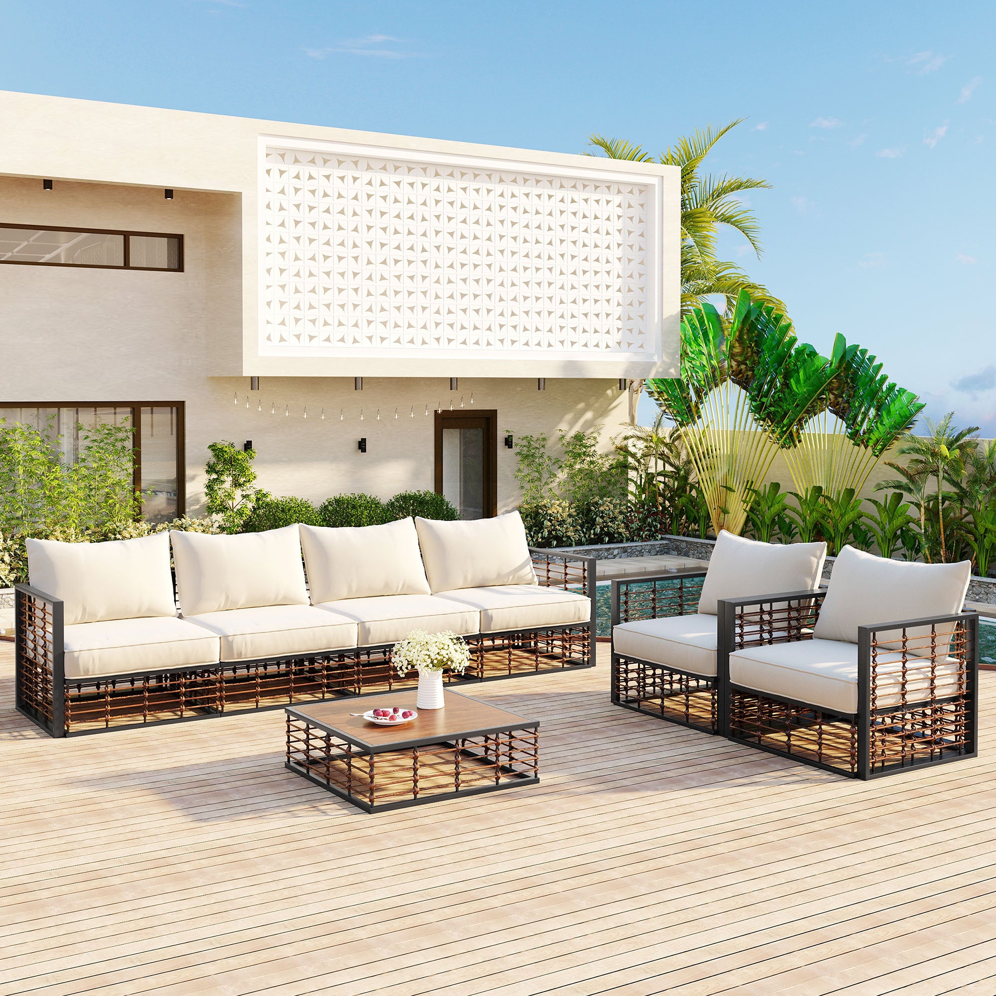 Walker Edison | Modern Minimalist 7-Piece Metal Outdoor Patio Sectional Sofa Set