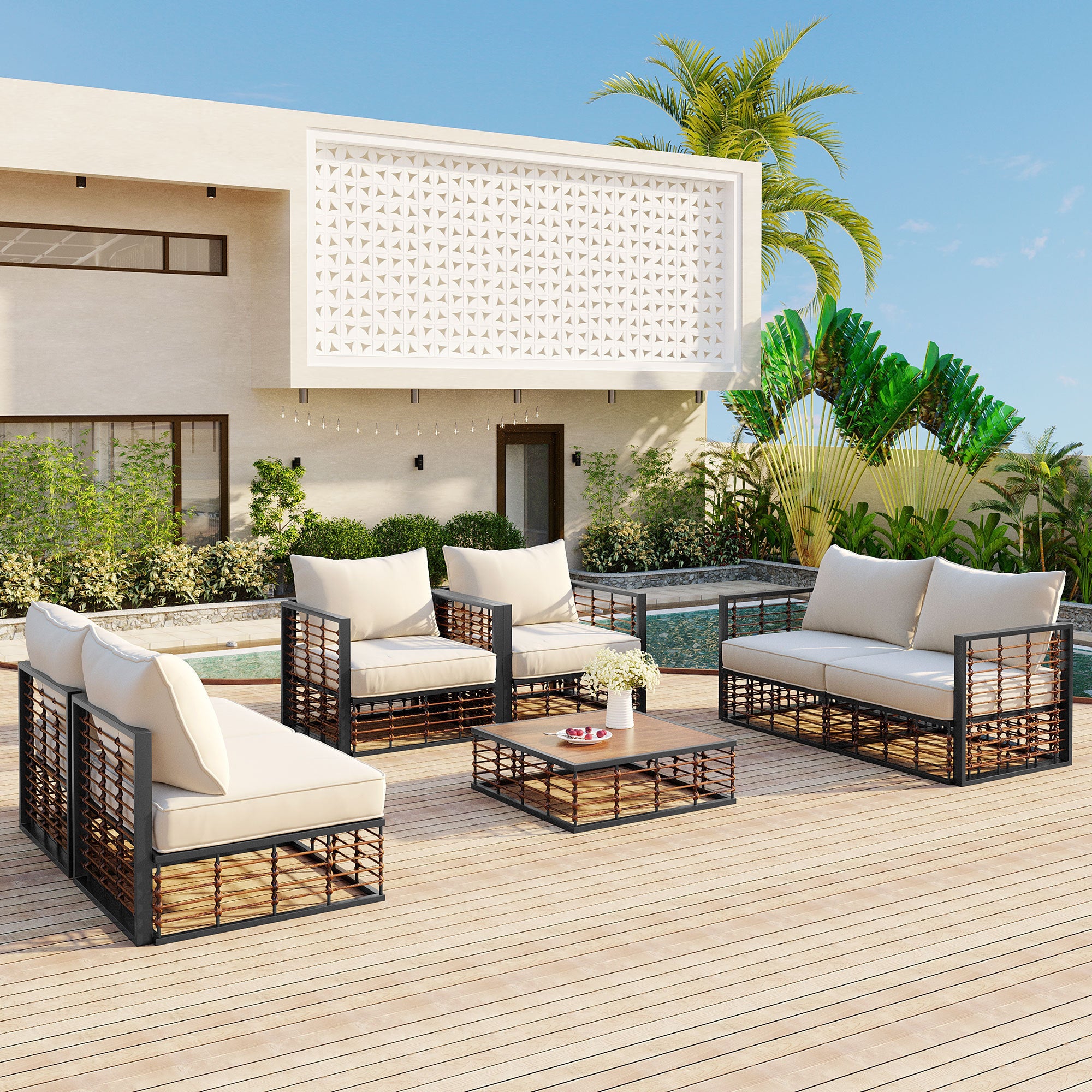 Walker Edison | Modern Minimalist 7-Piece Metal Outdoor Patio Sectional Sofa Set