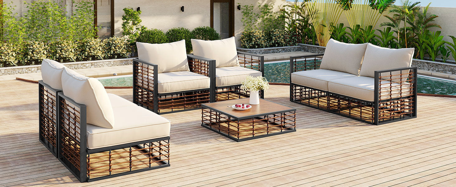 Walker Edison | Modern Minimalist 7-Piece Metal Outdoor Patio Sectional Sofa Set