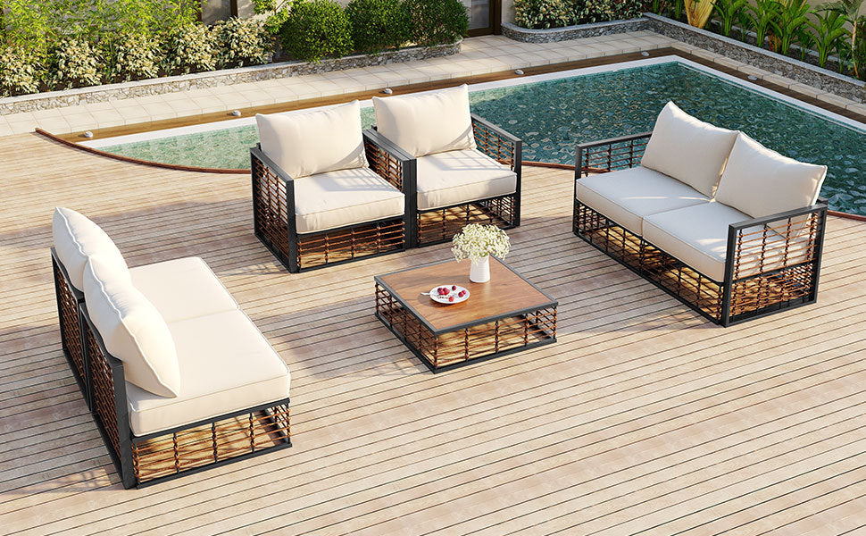 Walker Edison | Modern Minimalist 7-Piece Metal Outdoor Patio Sectional Sofa Set