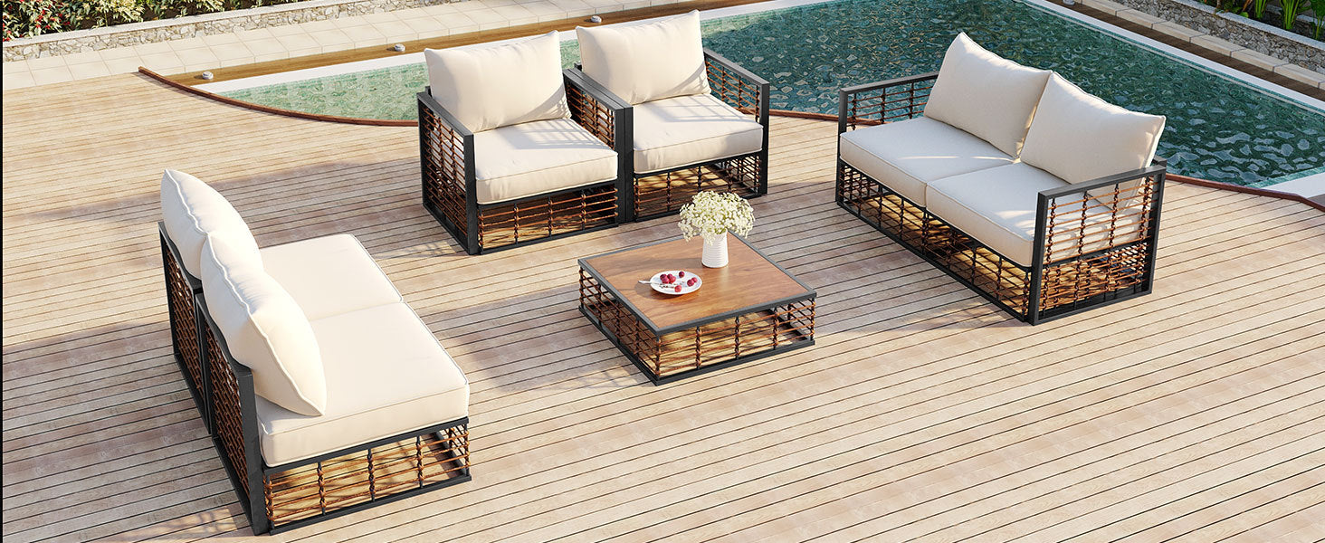 Walker Edison | Modern Minimalist 7-Piece Metal Outdoor Patio Sectional Sofa Set