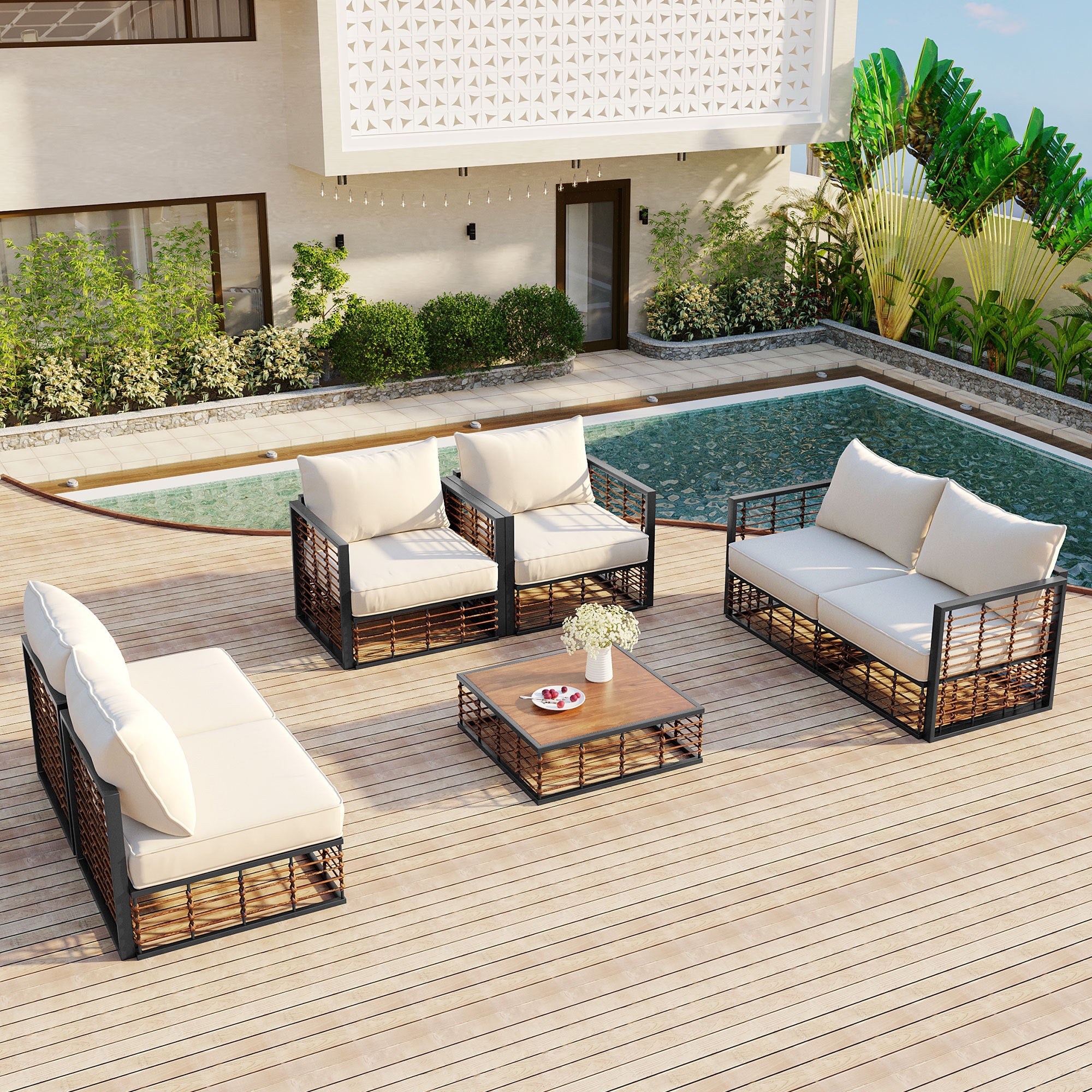 Walker Edison | Modern Minimalist 7-Piece Metal Outdoor Patio Sectional Sofa Set