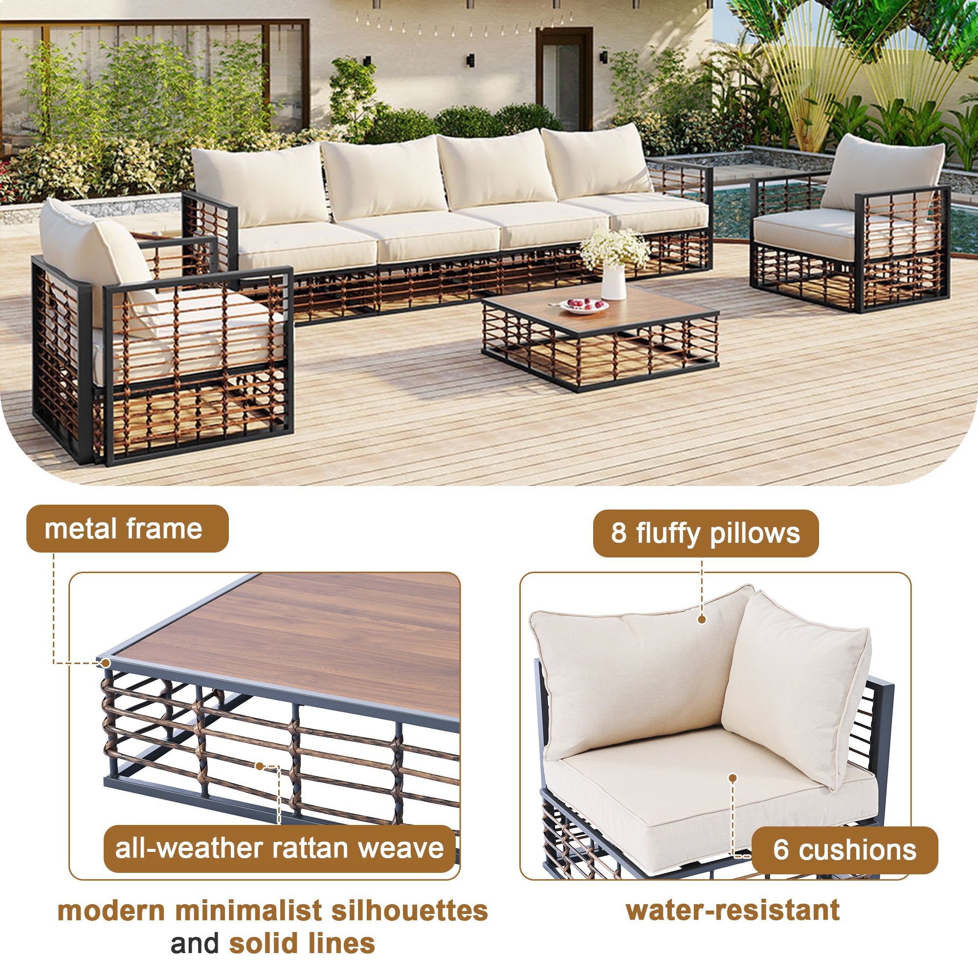 Walker Edison | Modern Minimalist 7-Piece Metal Outdoor Patio Sectional Sofa Set