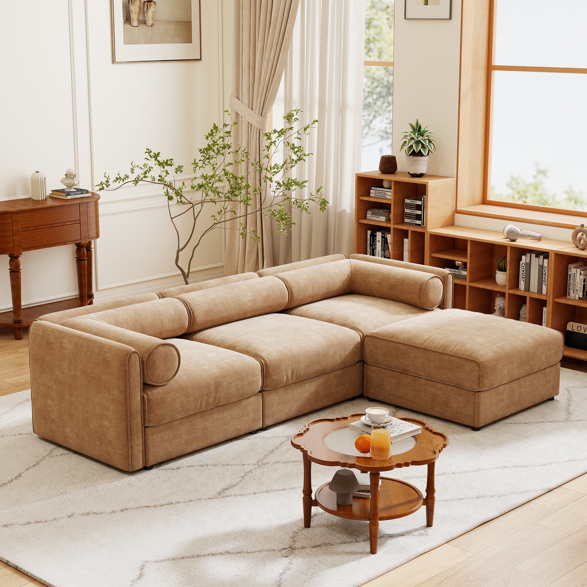 Walker Edison | Elegant Camel Chenille Sofa with Storage Seat and Ottoman
