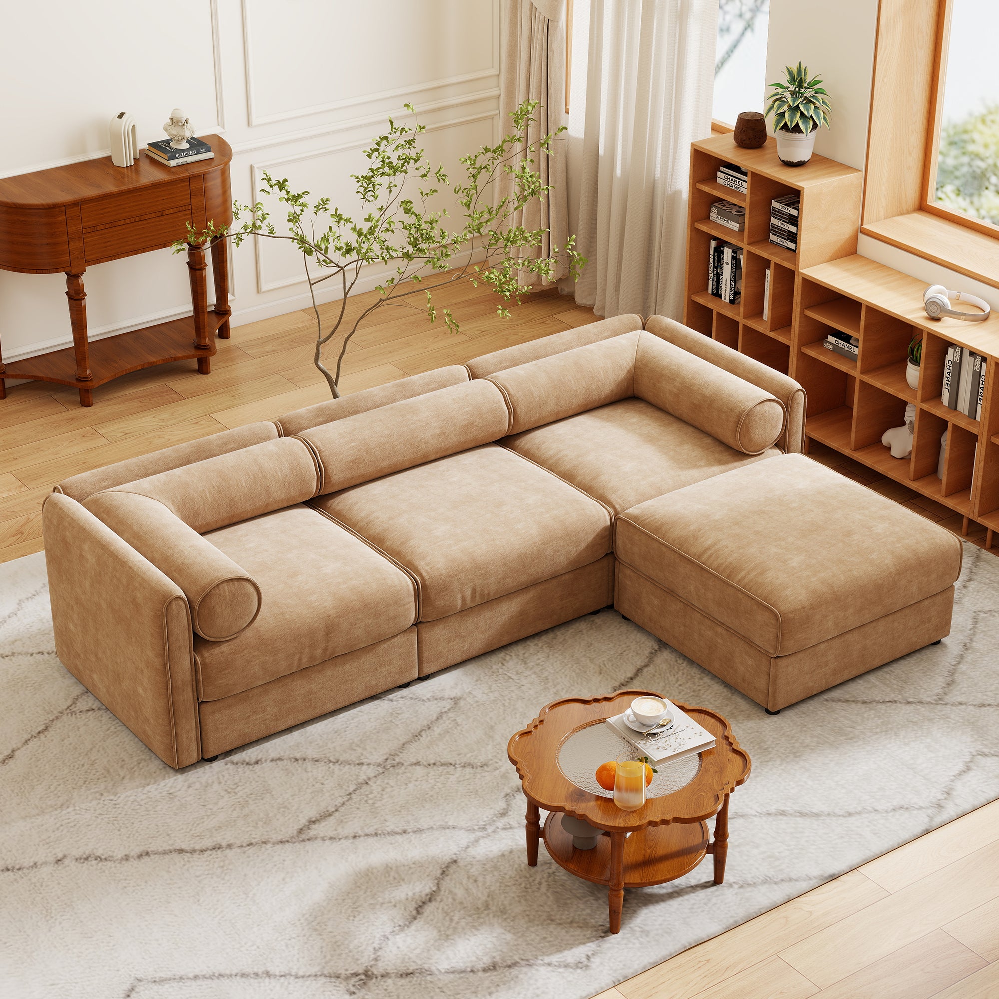 Walker Edison | Elegant Camel Chenille Sofa with Storage Seat and Ottoman
