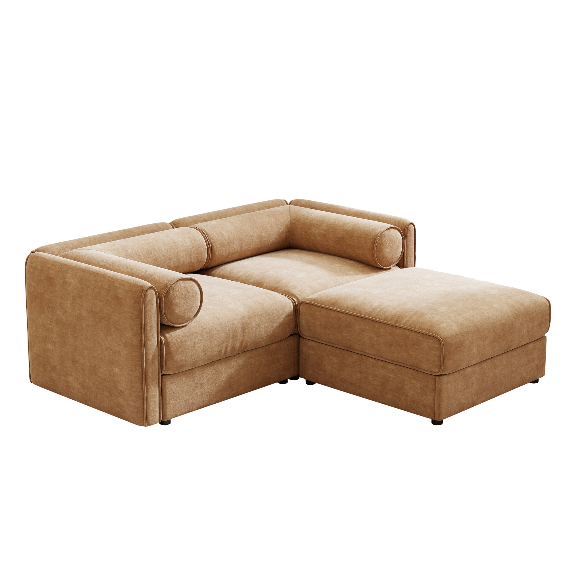 Walker Edison | Modern Stylish Camel Chenille Loveseat Sofa with Ottoman