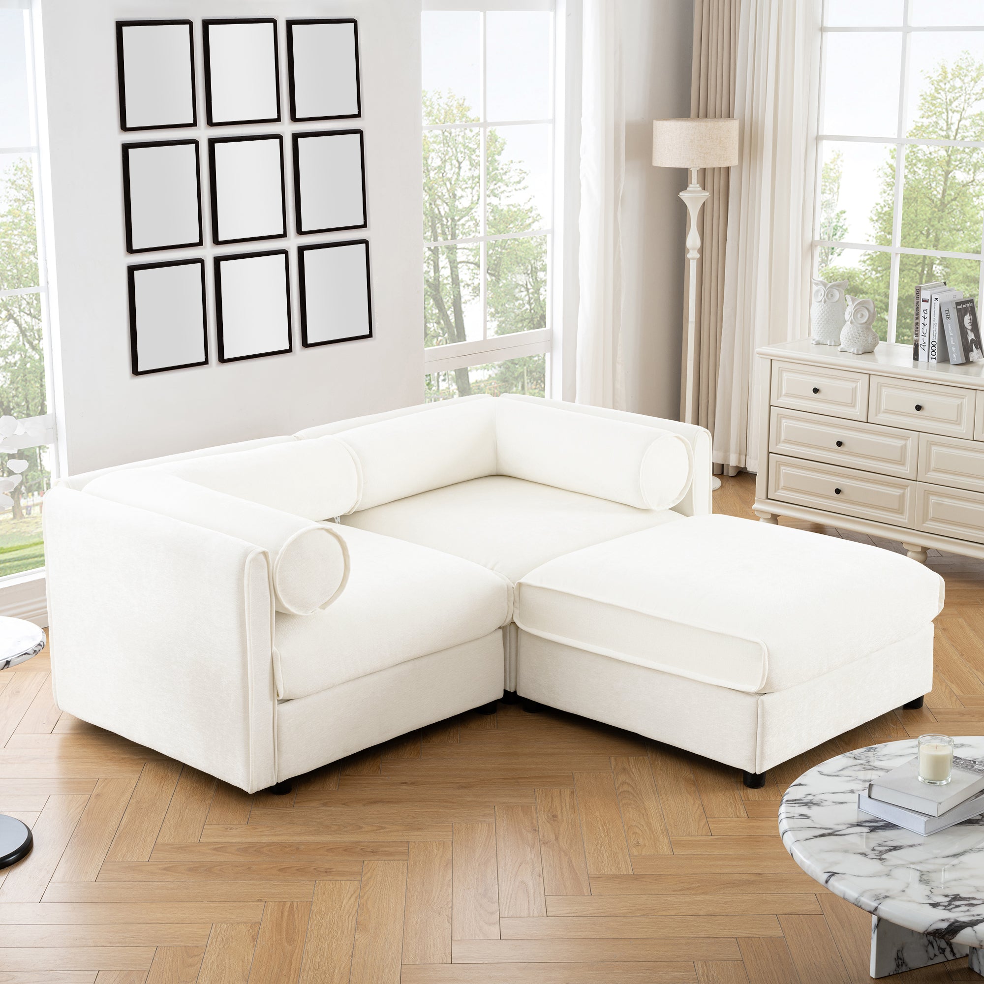 Walker Edison | Stylish Modern Chenille Loveseat Sofa with Ottoman Storage