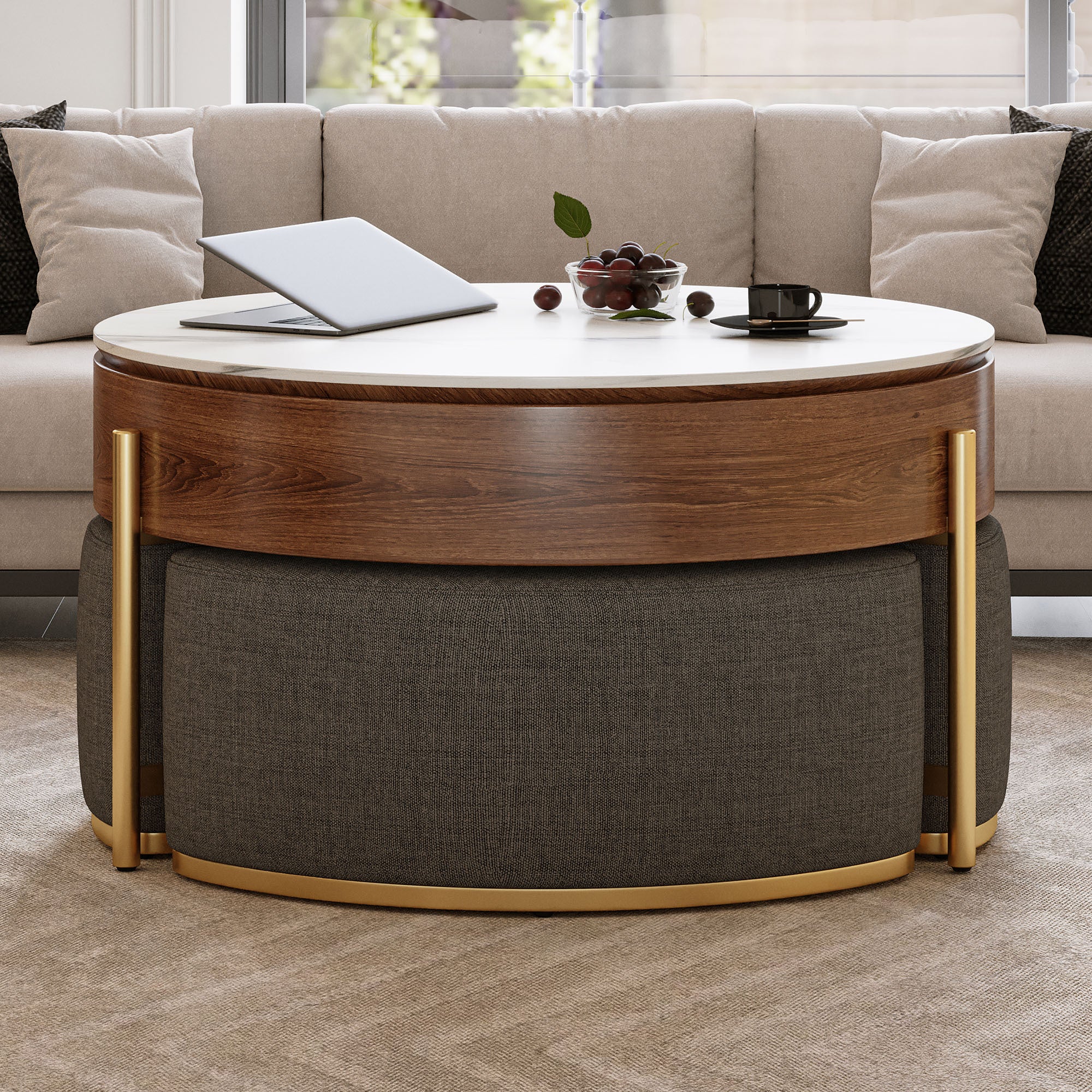 Walker Edison | Modern Lift-Top Round Coffee Table with Storage and Nesting Ottomans