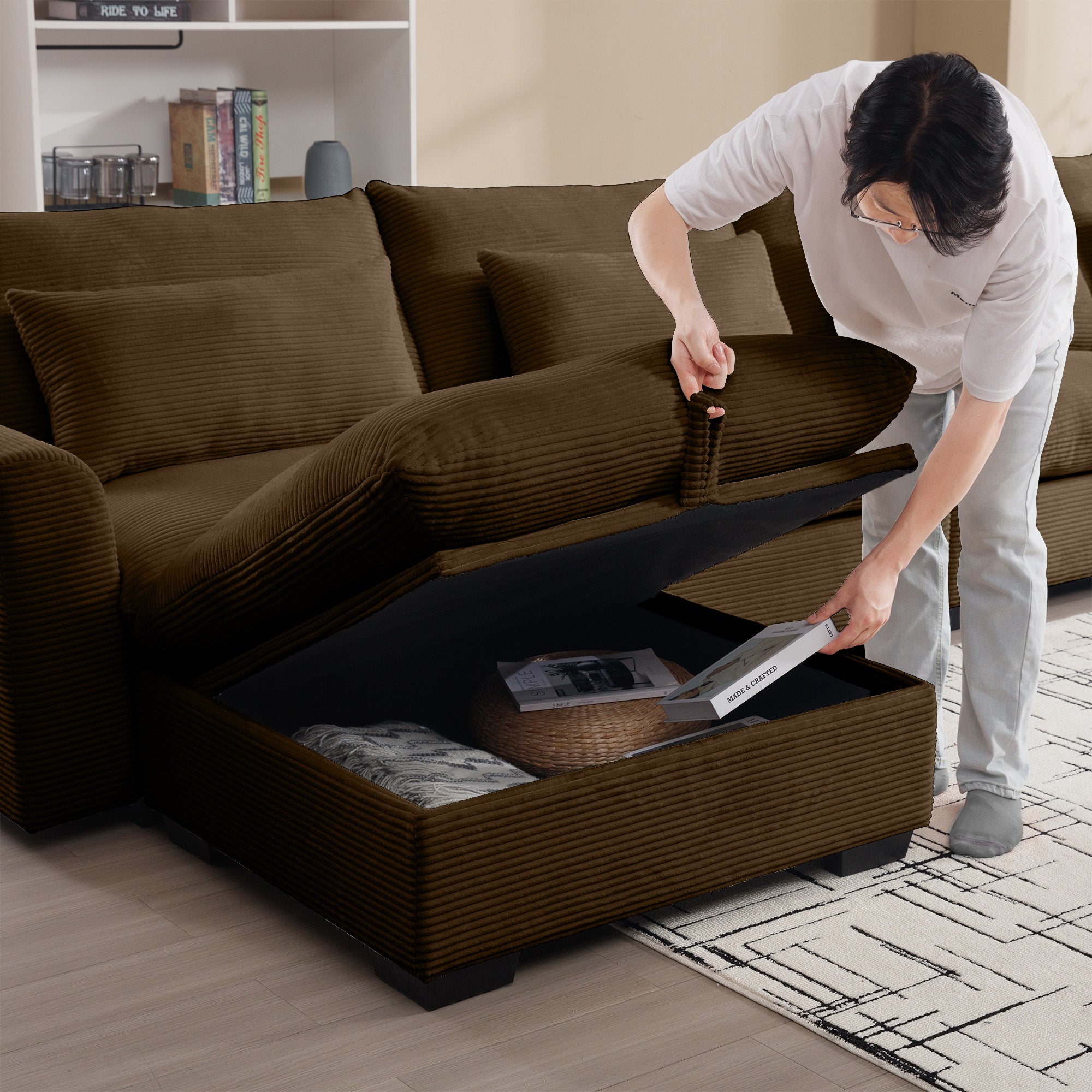Walker Edison | L Shaped Corduroy Sectional Sofa with Storage Footstool