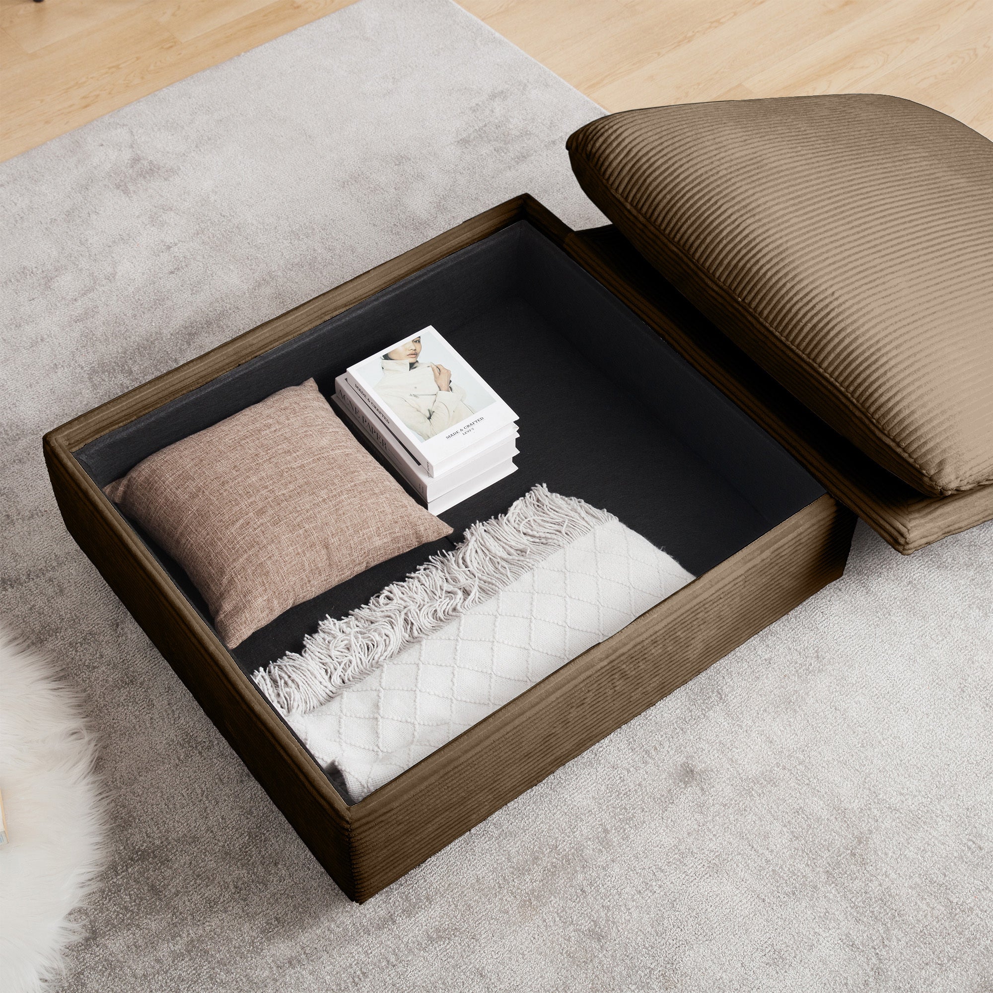 Walker Edison | L Shaped Corduroy Sectional Sofa with Storage Footstool