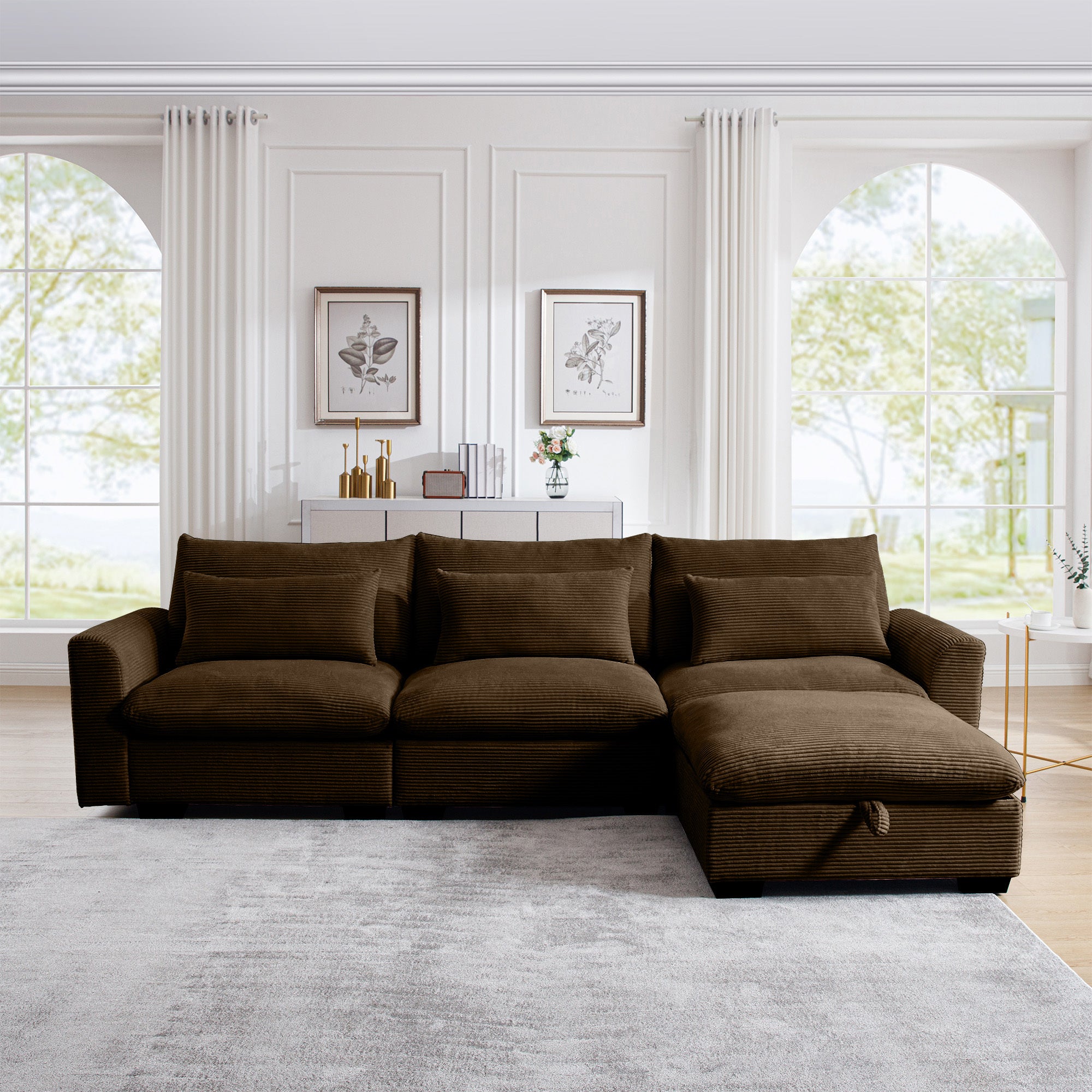 Walker Edison | L Shaped Corduroy Sectional Sofa with Storage Footstool