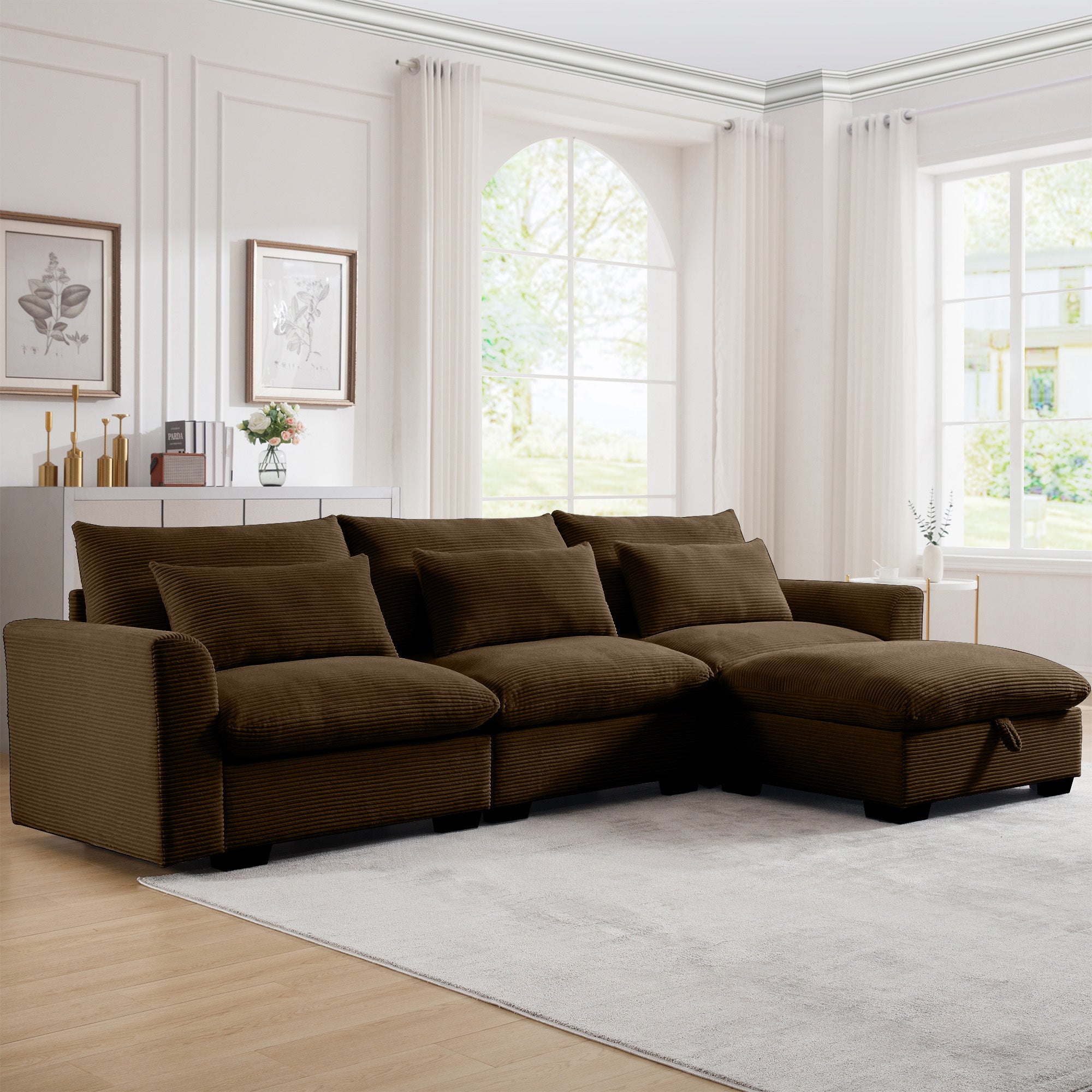 Walker Edison | L Shaped Corduroy Sectional Sofa with Storage Footstool