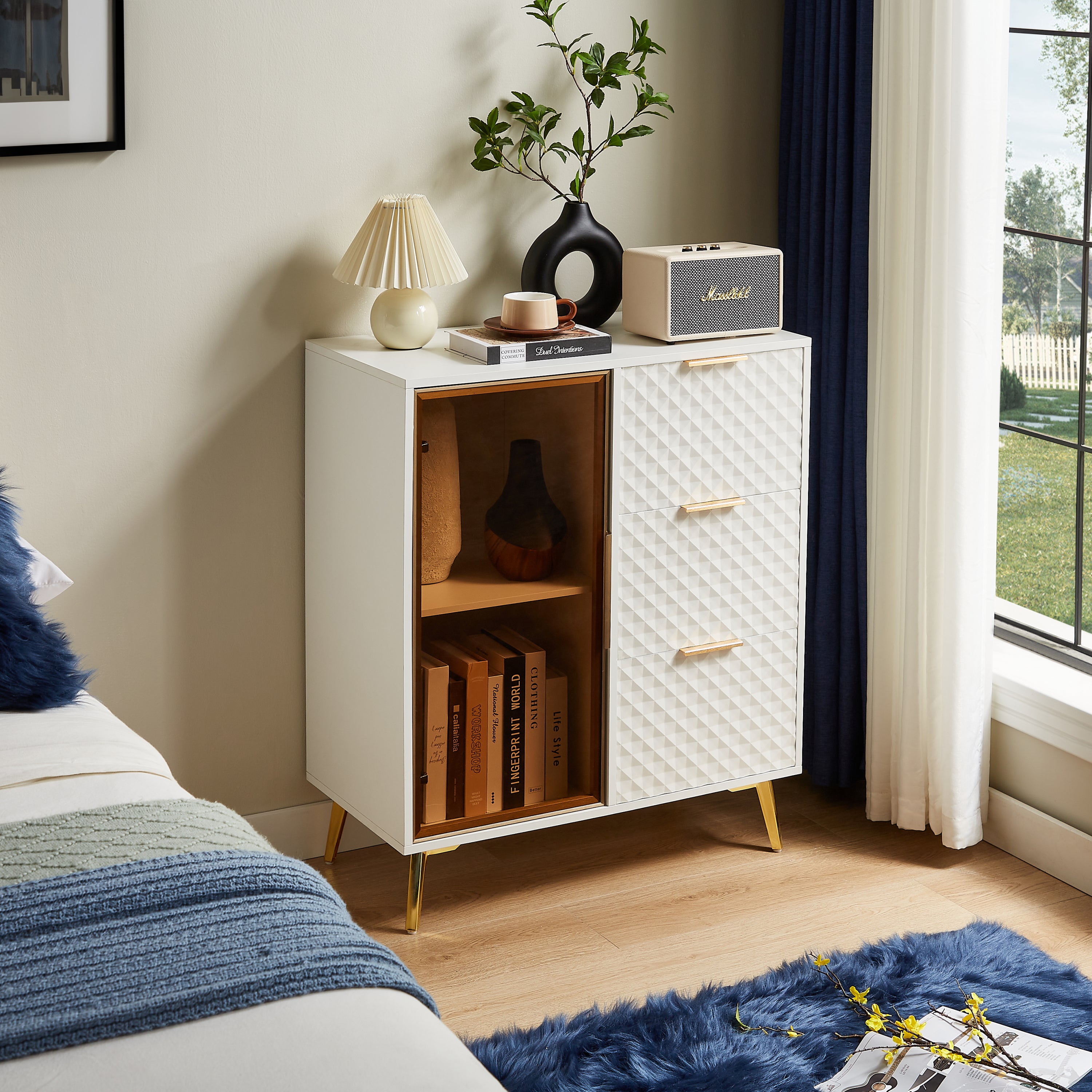 Walker Edison | Modular Modern Fashion Style Accent Cabinet with Tempered Glass Doors