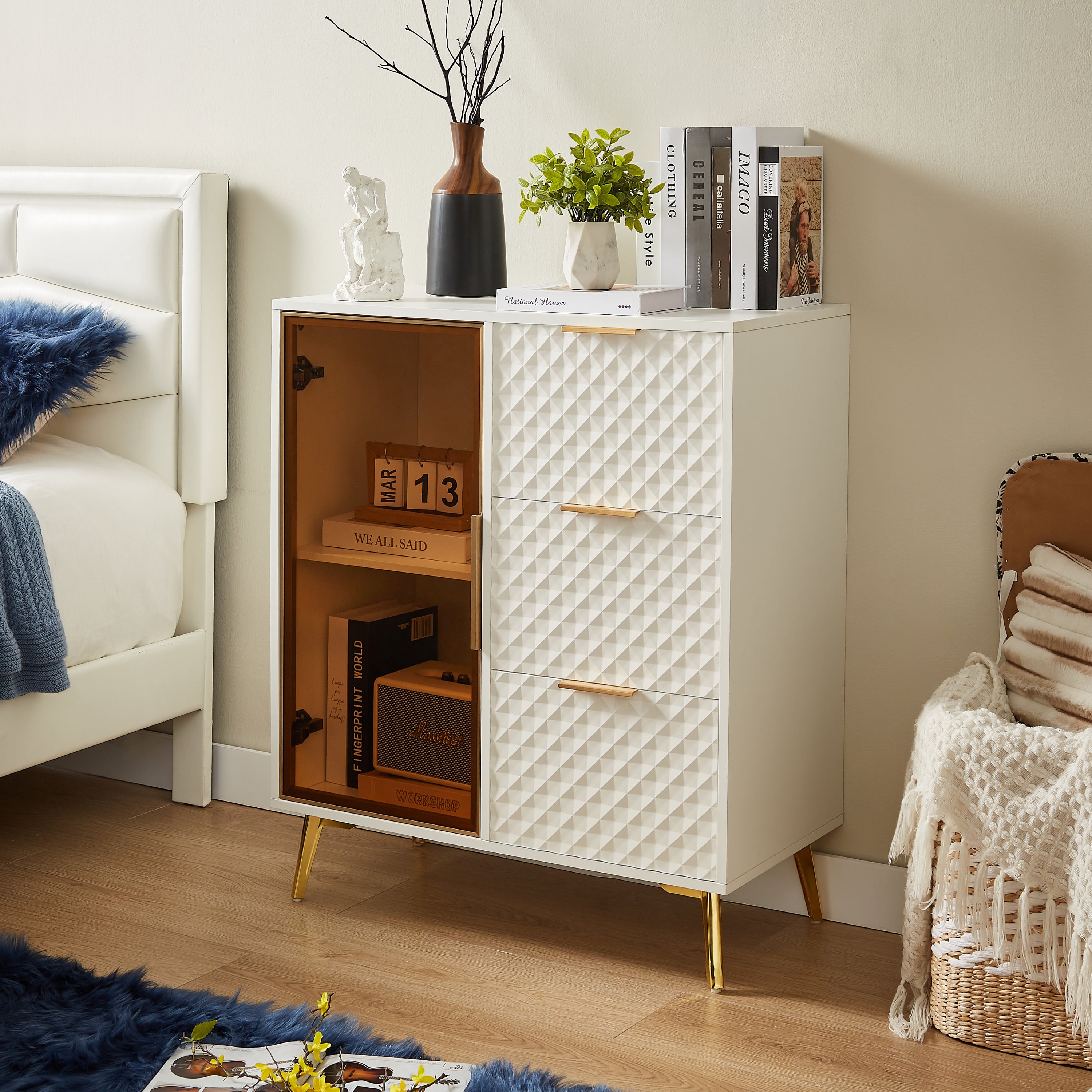 Walker Edison | Modular Modern Fashion Style Accent Cabinet with Tempered Glass Doors