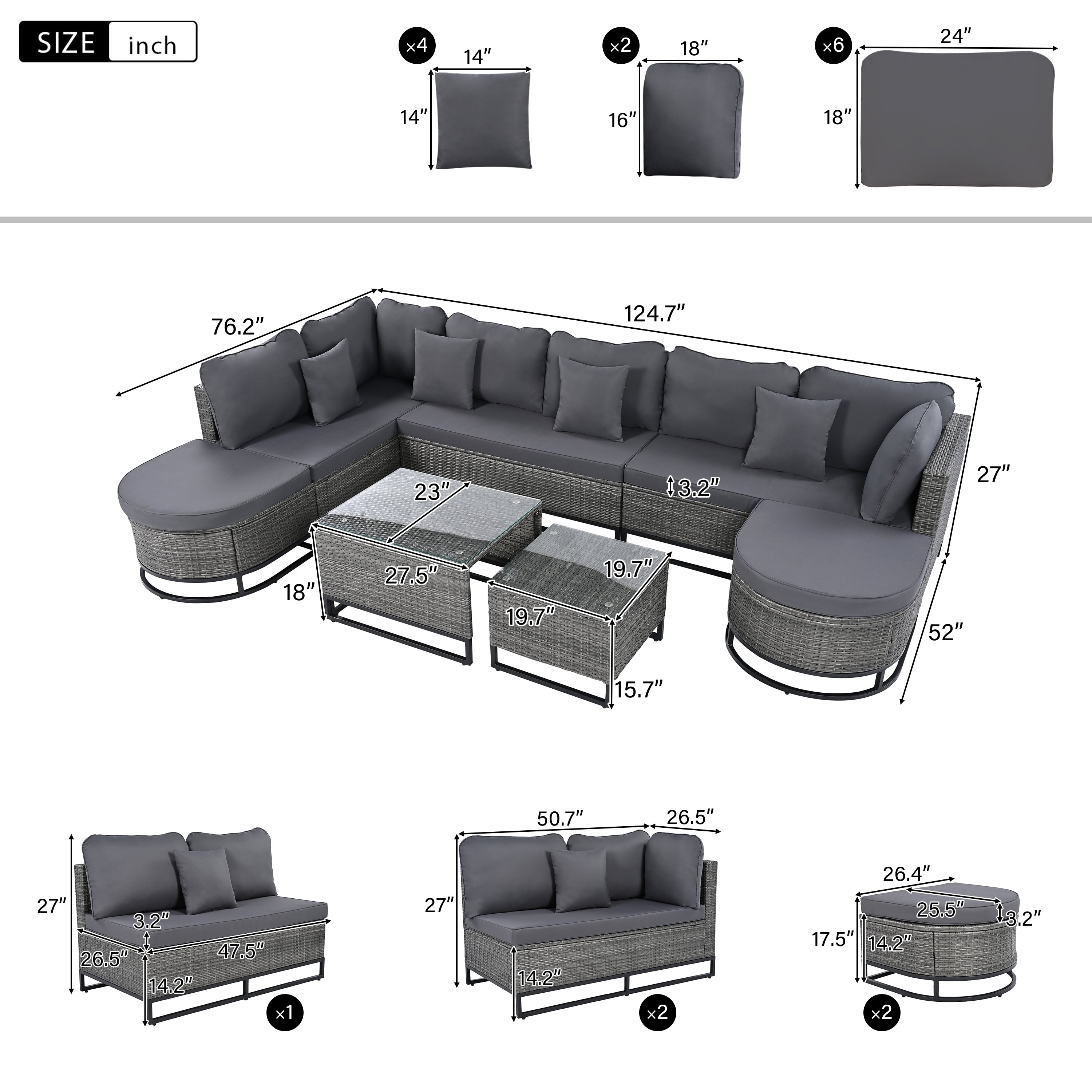 Walker Edison | Outdoor Rattan 7 Pieces Wicker Sofa Set with Coffee Table