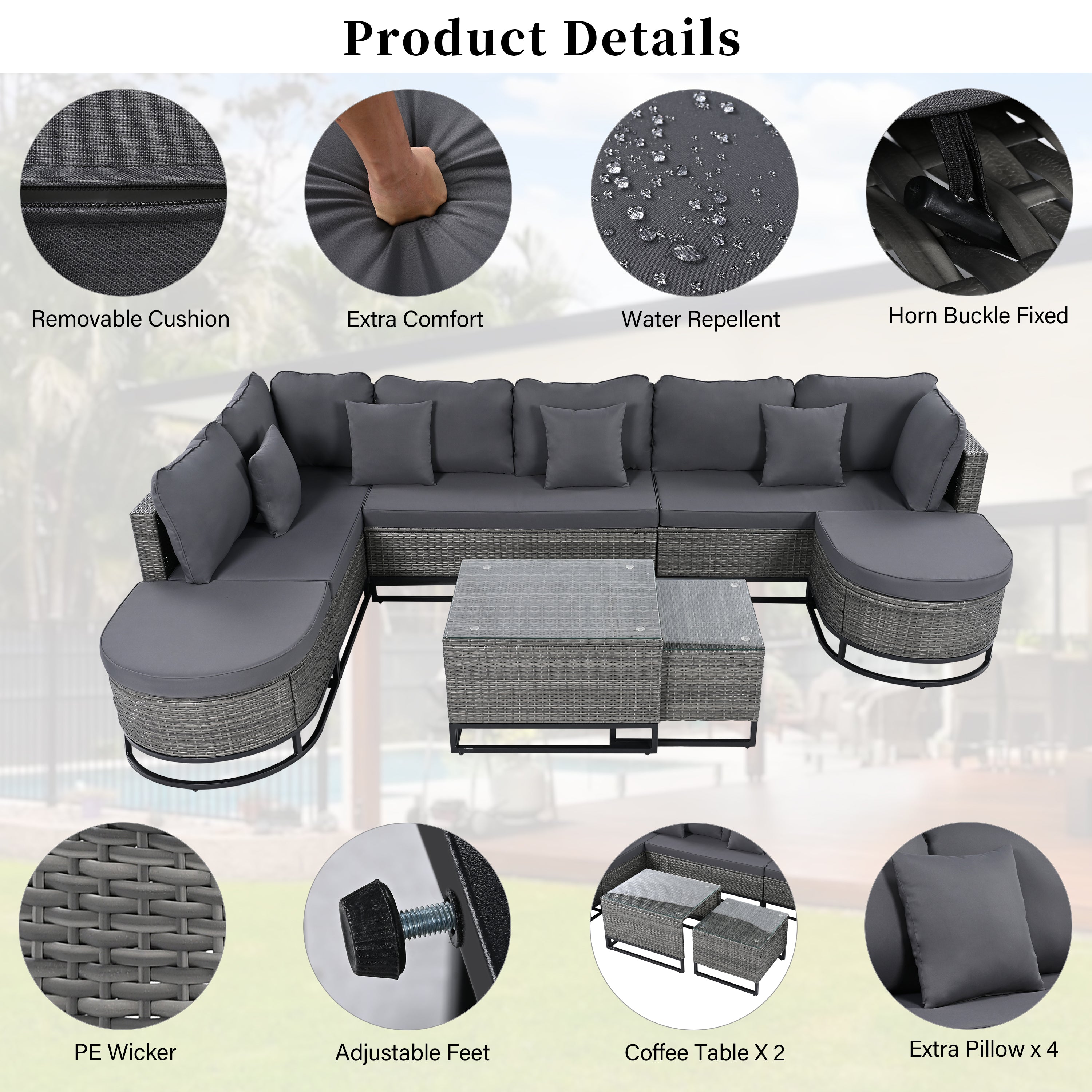 Walker Edison | Outdoor Rattan 7 Pieces Wicker Sofa Set with Coffee Table