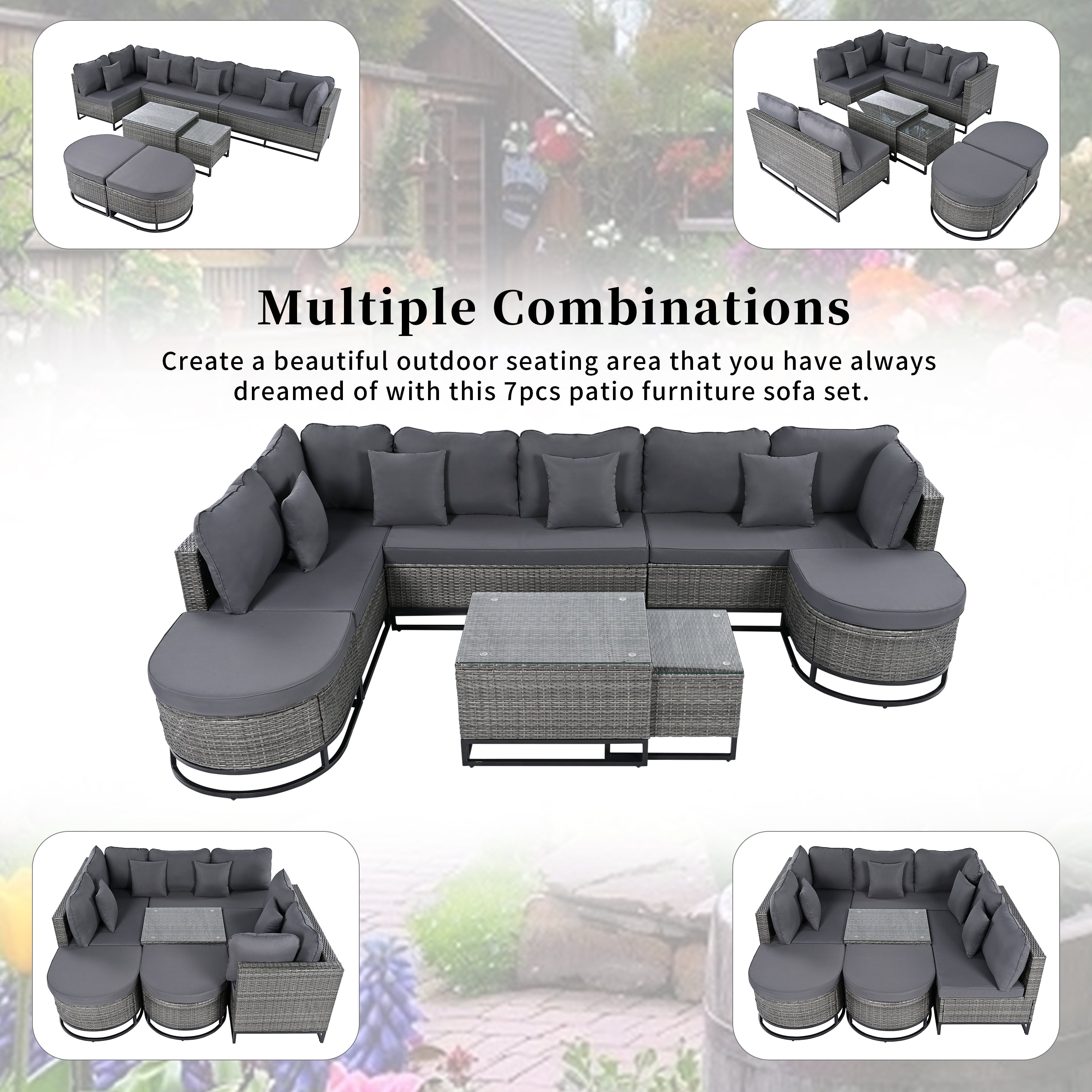 Walker Edison | Outdoor Rattan 7 Pieces Wicker Sofa Set with Coffee Table