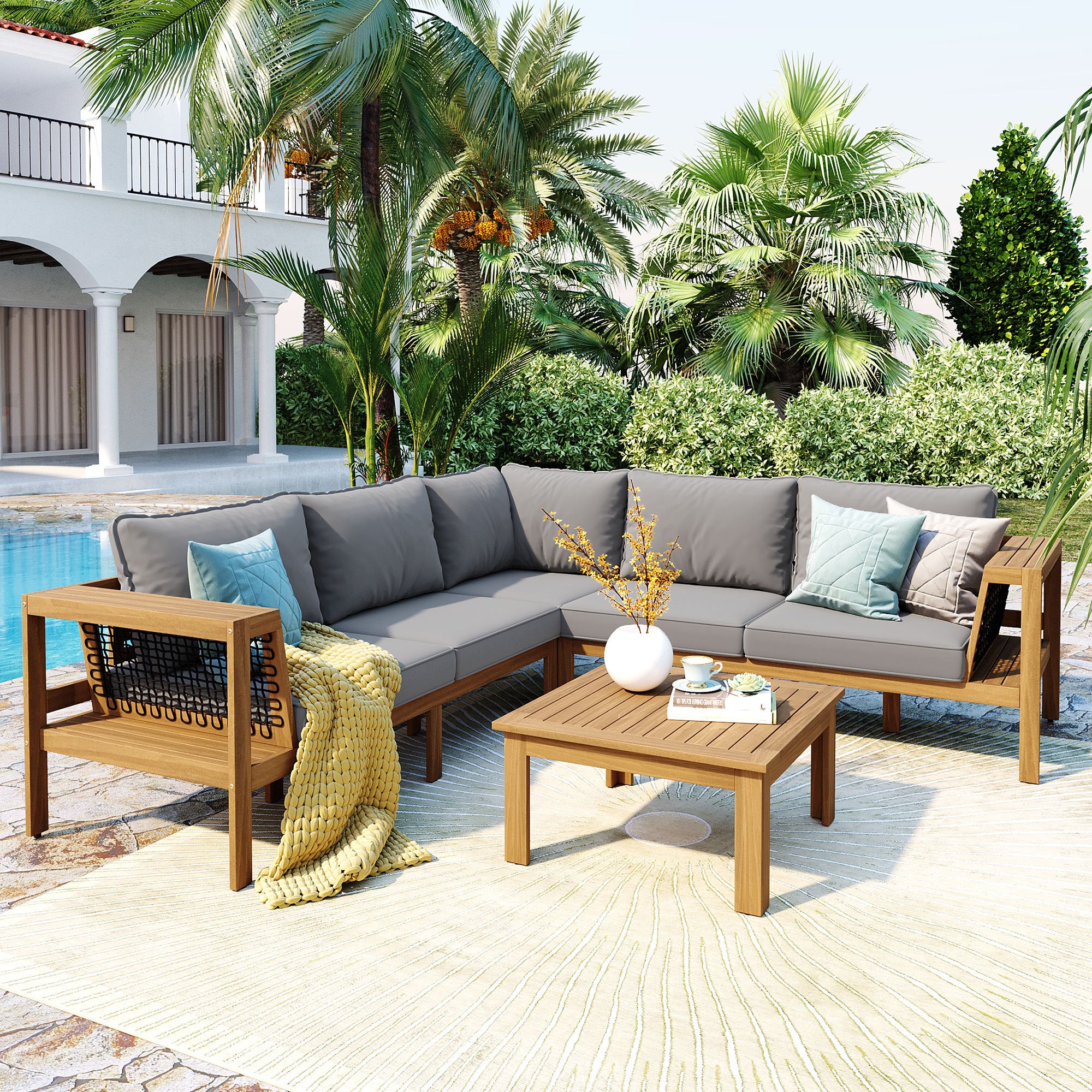 Walker Edison | L-Shaped Wood 4 Piece Outdoor Patio Sofa Set with Coffee Table