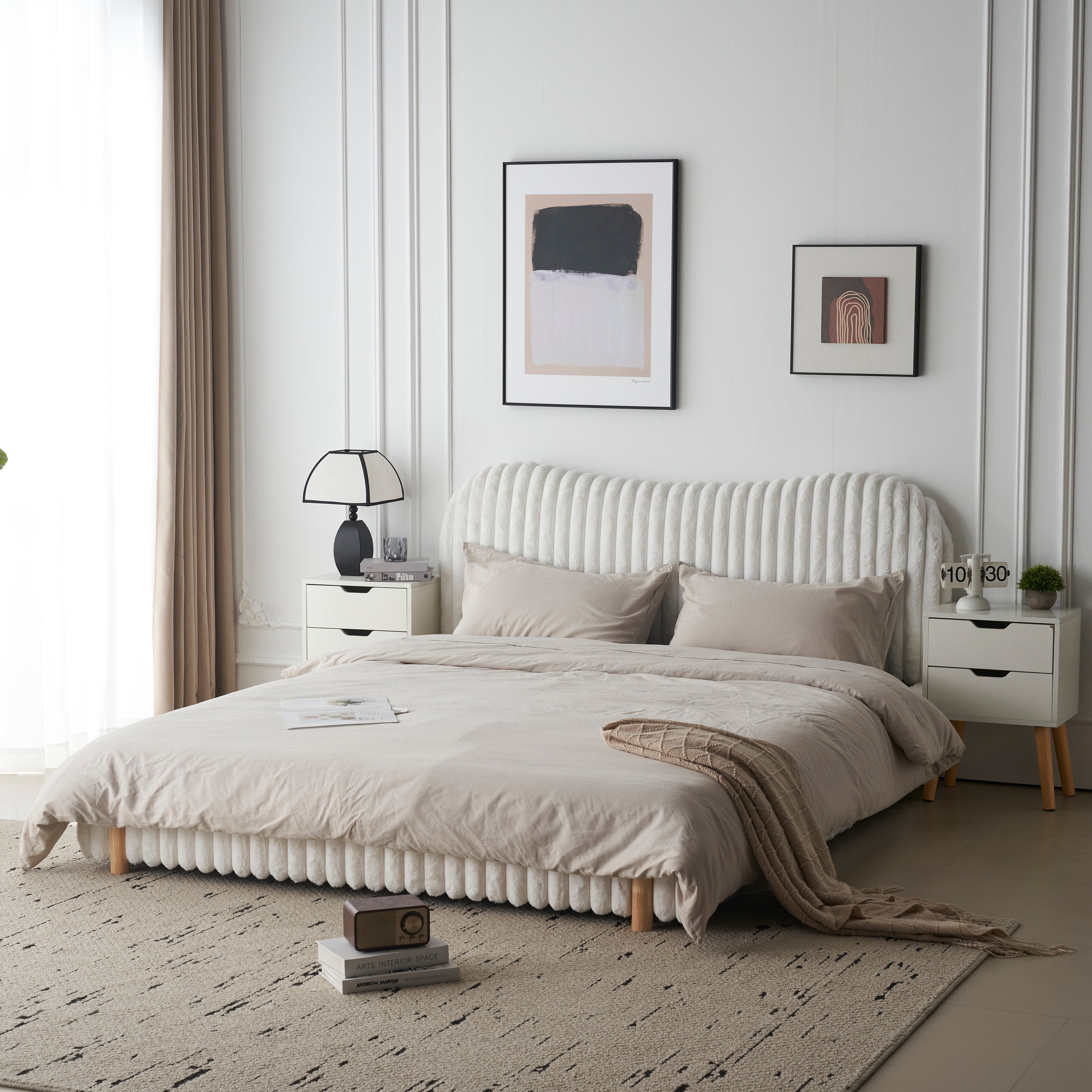 Walker Edison | Wavy White Boucle Upholstered Queen Bedframe