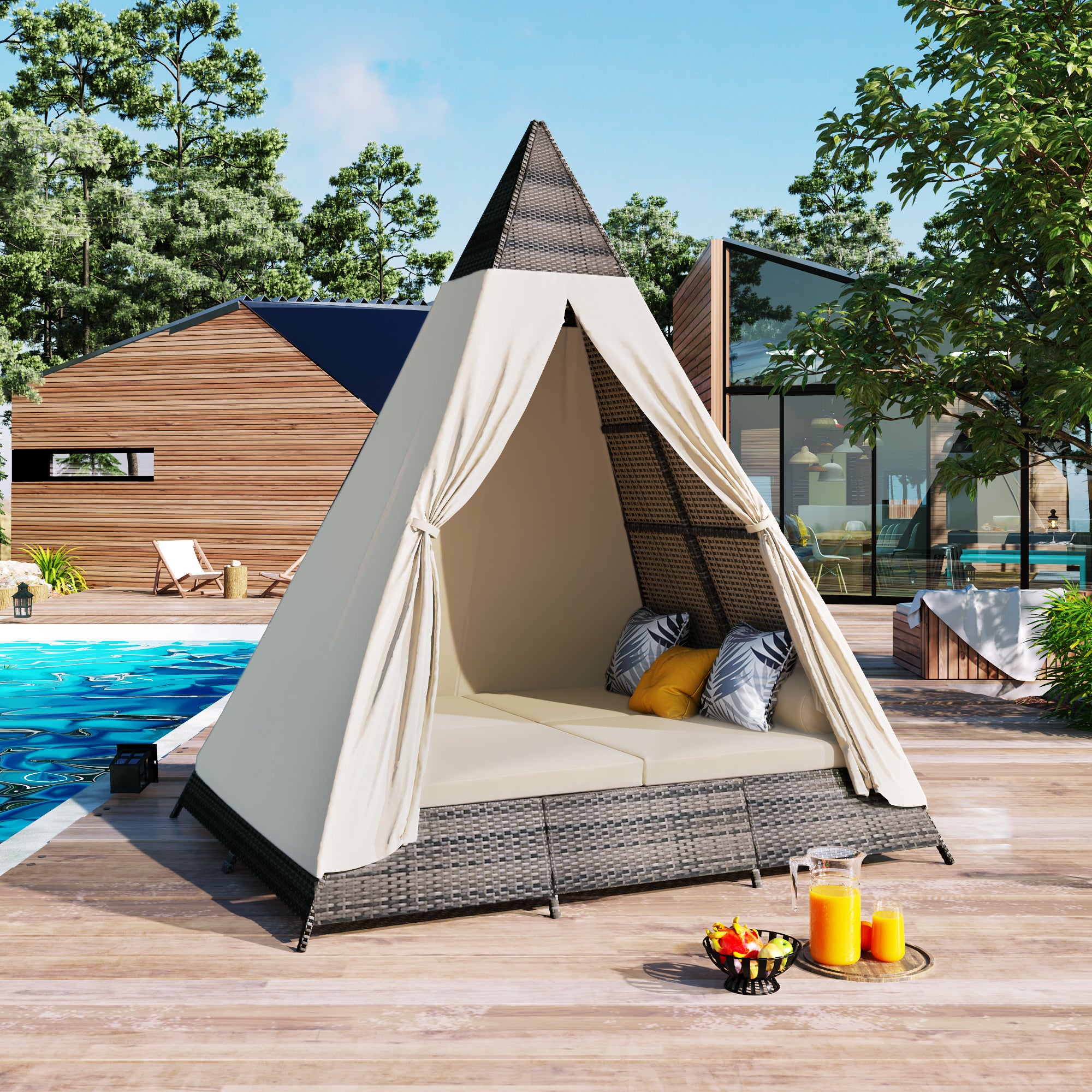 Walker Edison | Tent Shape Outdoor Patio Wicker Sunbed With Colorful Pillows