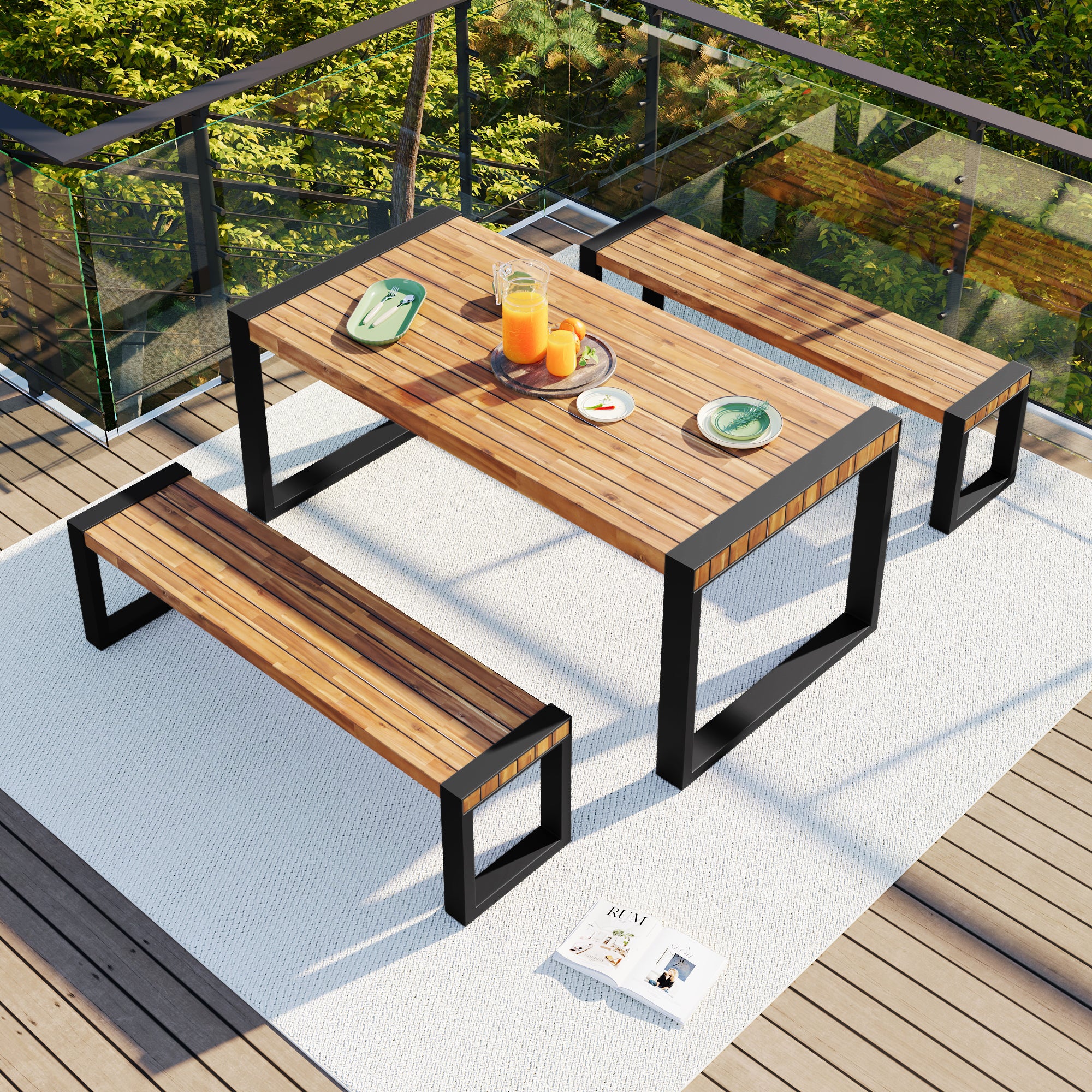 Walker Edison | Simple Outdoor Wood 3-pieces Dining Table With 2 Benches Set