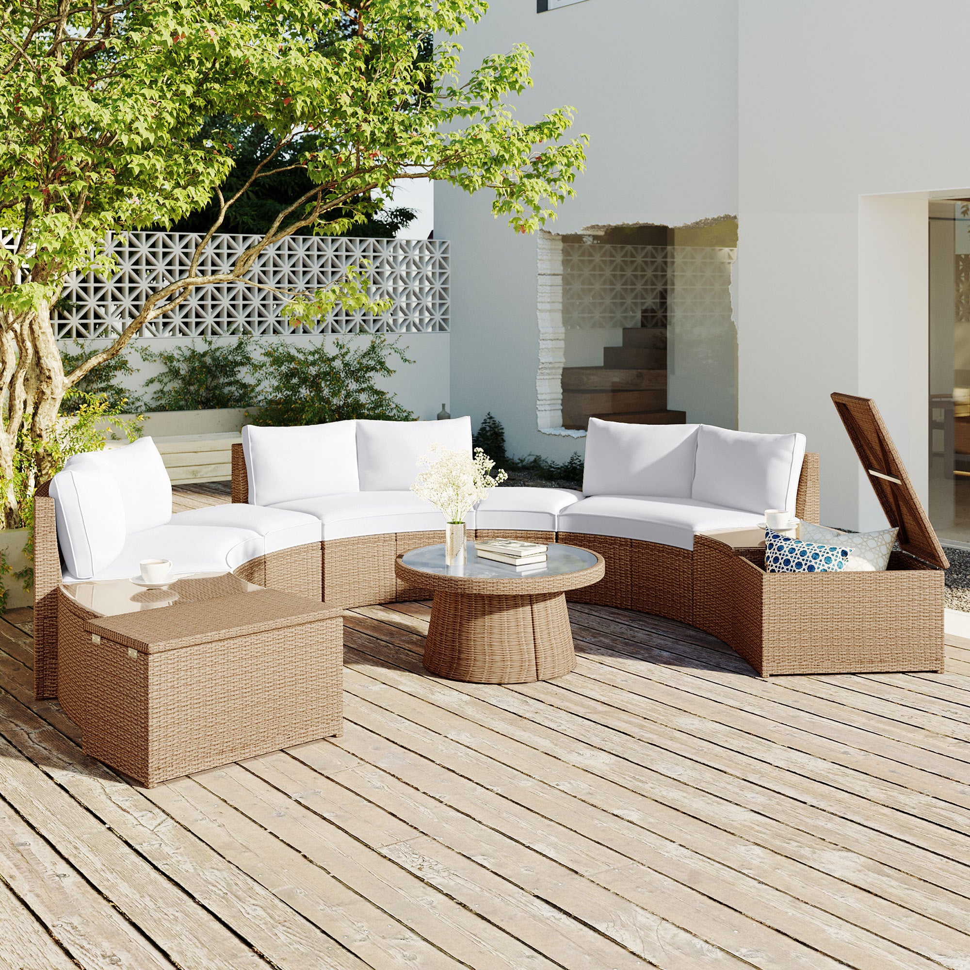 Walker Edison | Wicker Half Moon Outdoor 10-Piece Sectional Sofa Set with Storage